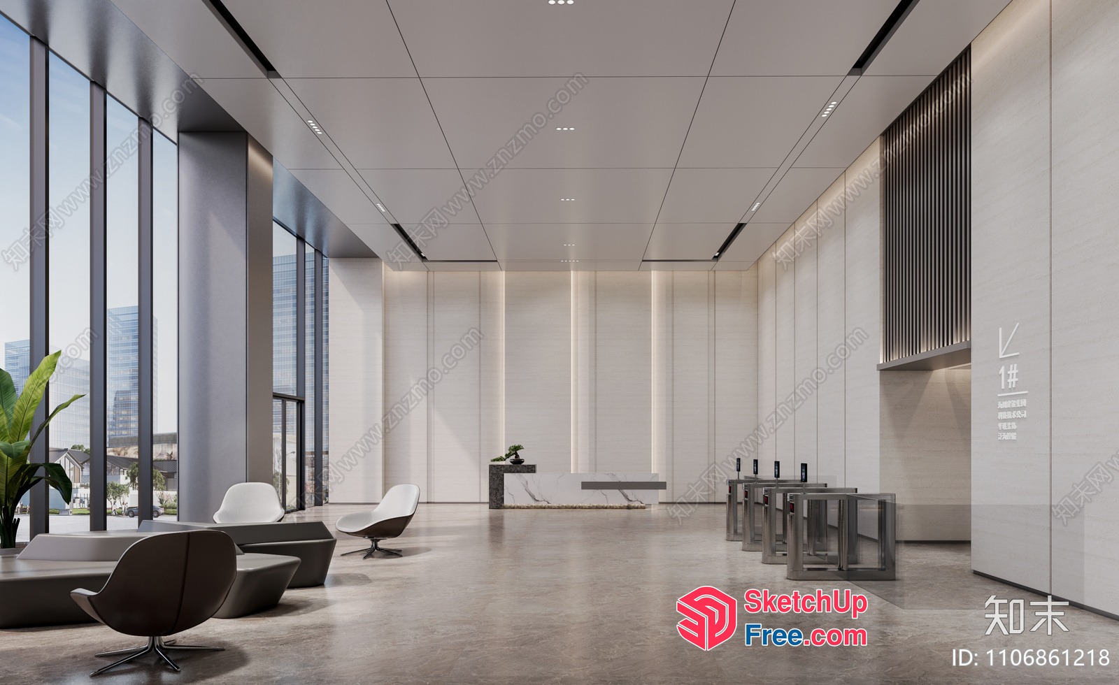 Modern Office Lobby With Glass Walls And Concrete Floors 3D SketchUp File