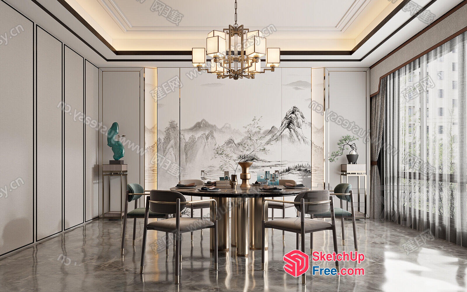 Elegant Modern Dining Room With Stunning Mountain View 3D SketchUp File