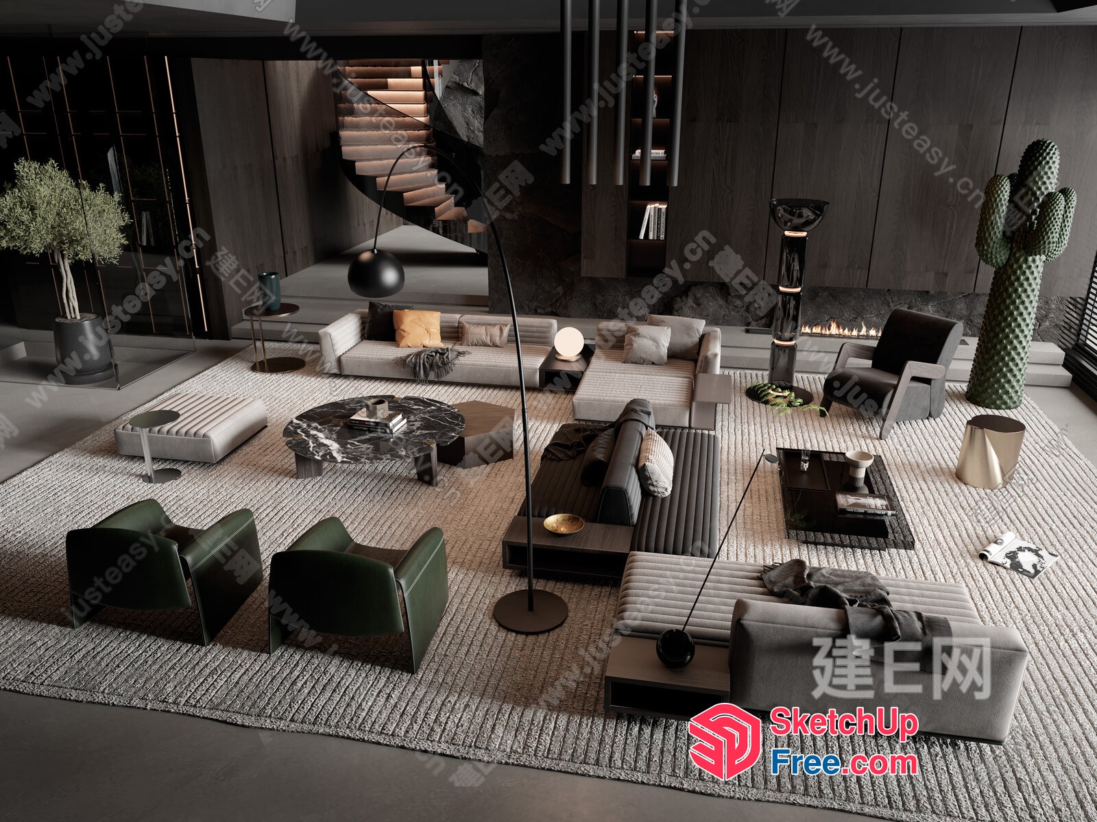 Modern Living Room With Fireplace And Spiral Staircase 3D SketchUp File