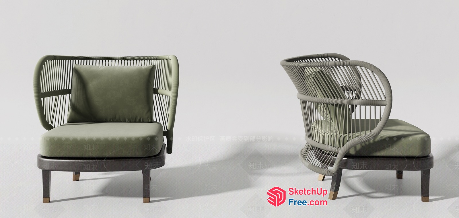 Elegant Rattan Chair With Green Cushion And Pillow 3D SketchUp File