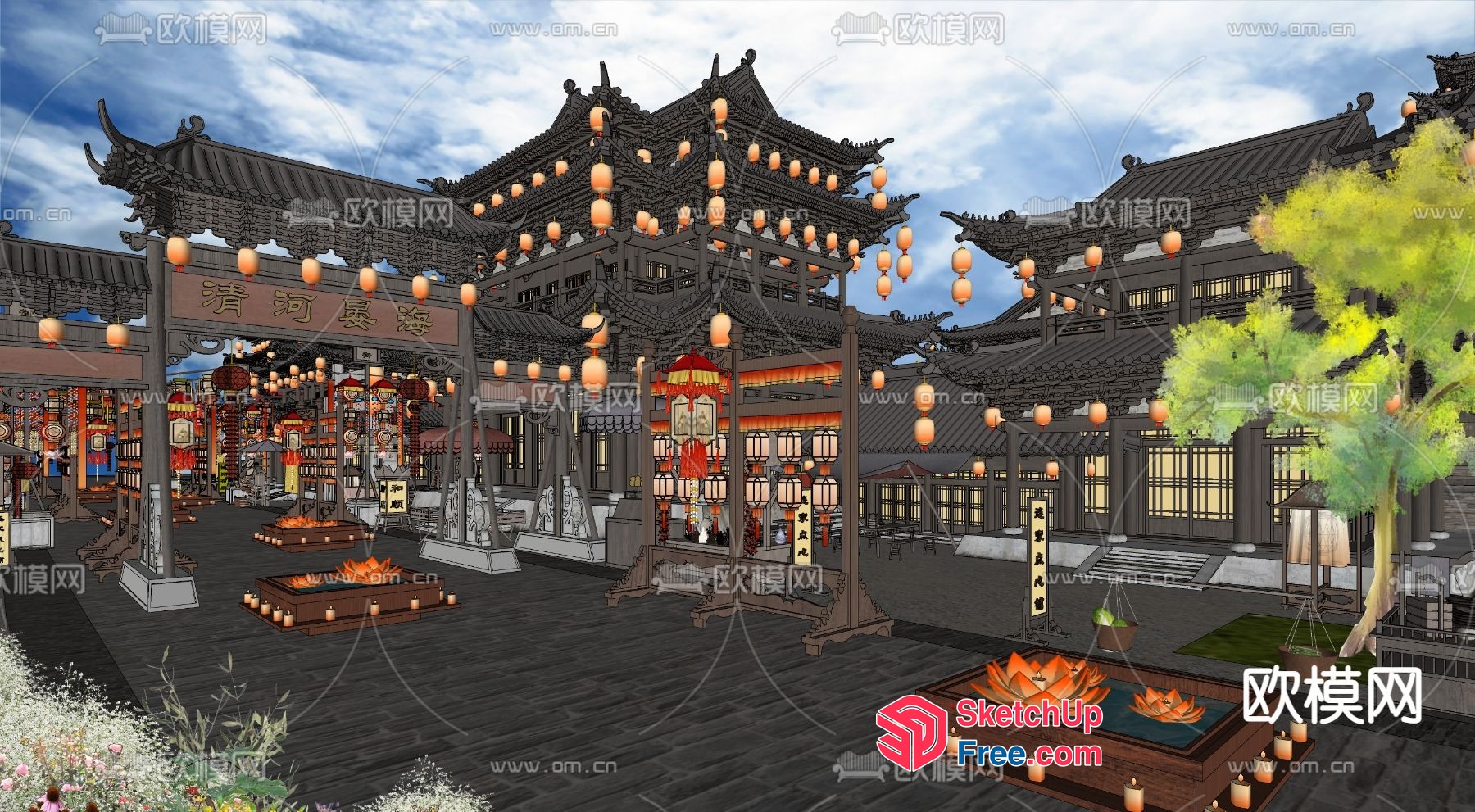 Traditional Asian Building Exterior With Lanterns And Decorations 3D SketchUp File