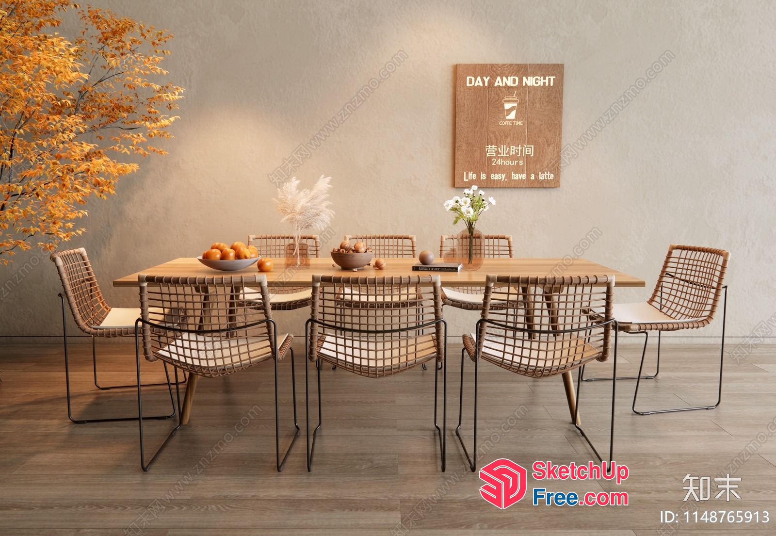 Modern Dining Room With Natural Wood Table And Chairs 3D SketchUp File