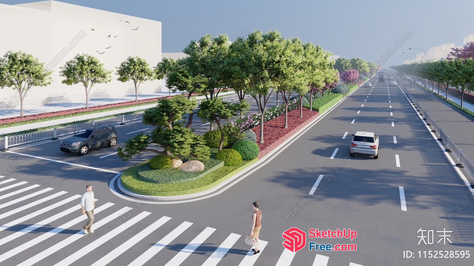 3D Rendered City Street Scene With Pedestrians And Vehicles 3D SketchUp File