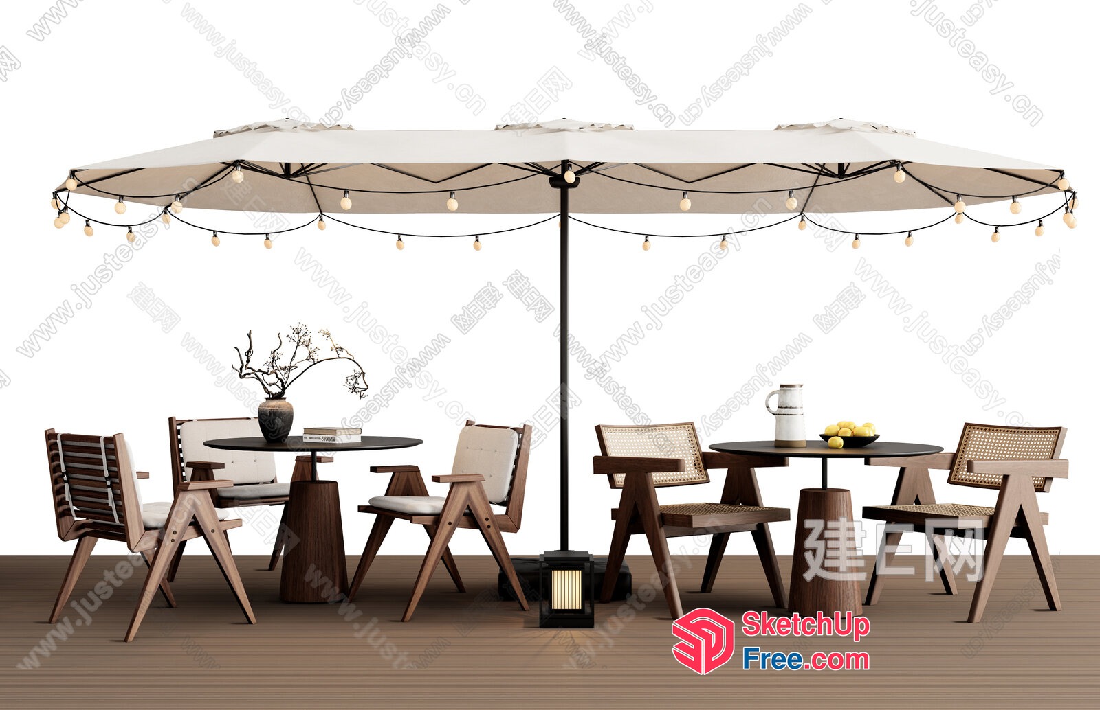 Outdoor Patio Furniture Set With White Umbrella And String Lights 3D SketchUp File