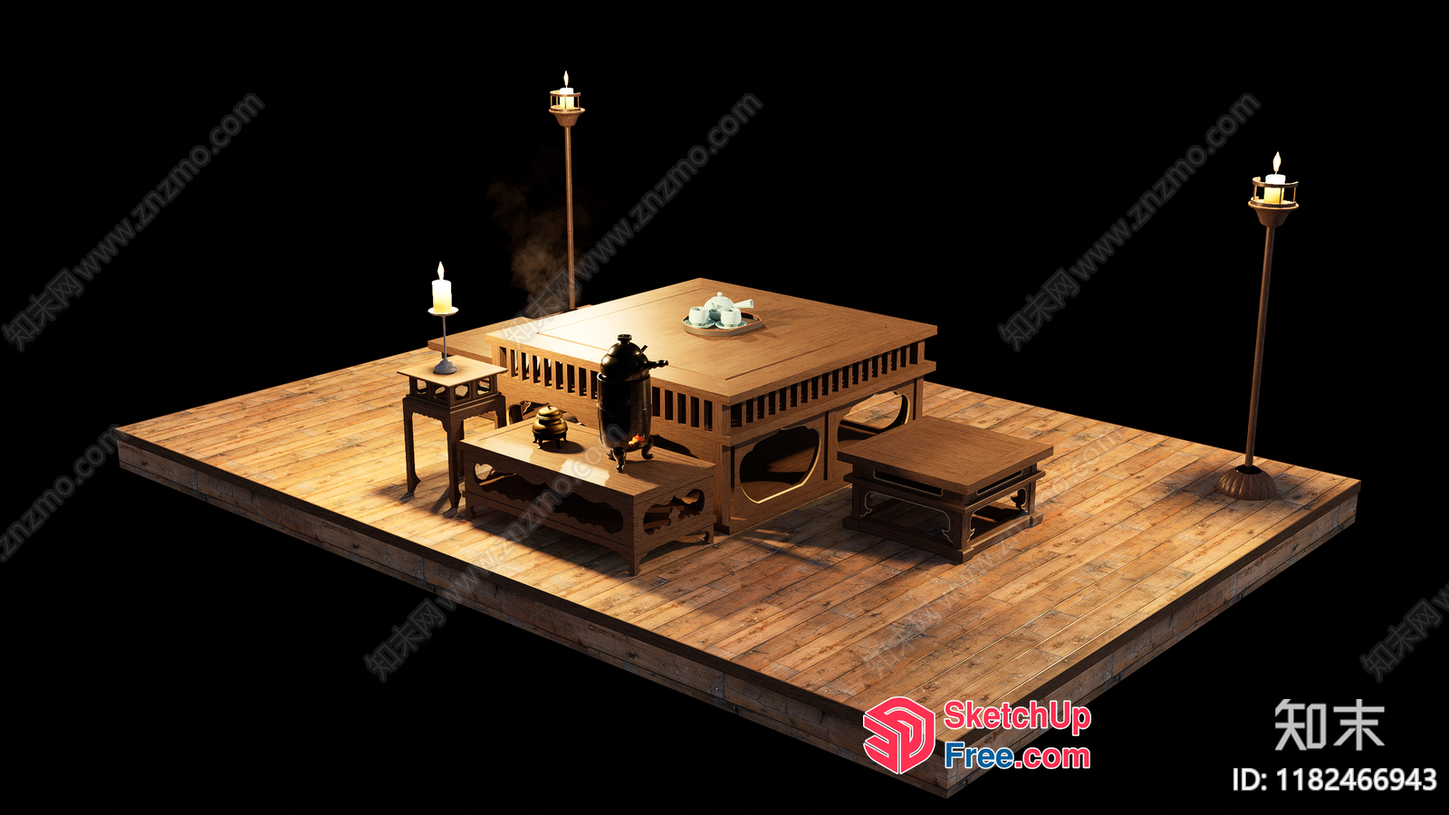 Asian Dining Room With Traditional Furniture And Wooden Floor 3D SketchUp File