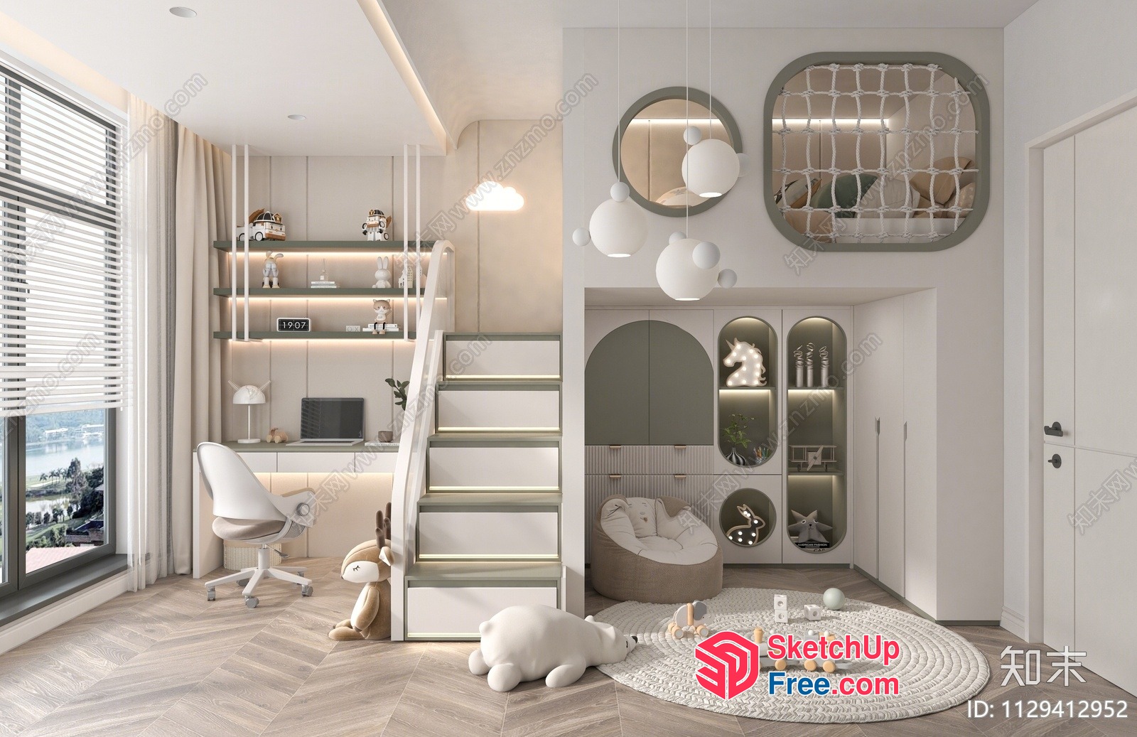 Modern White And Green Children'S Bedroom With Stairs 3D SketchUp File