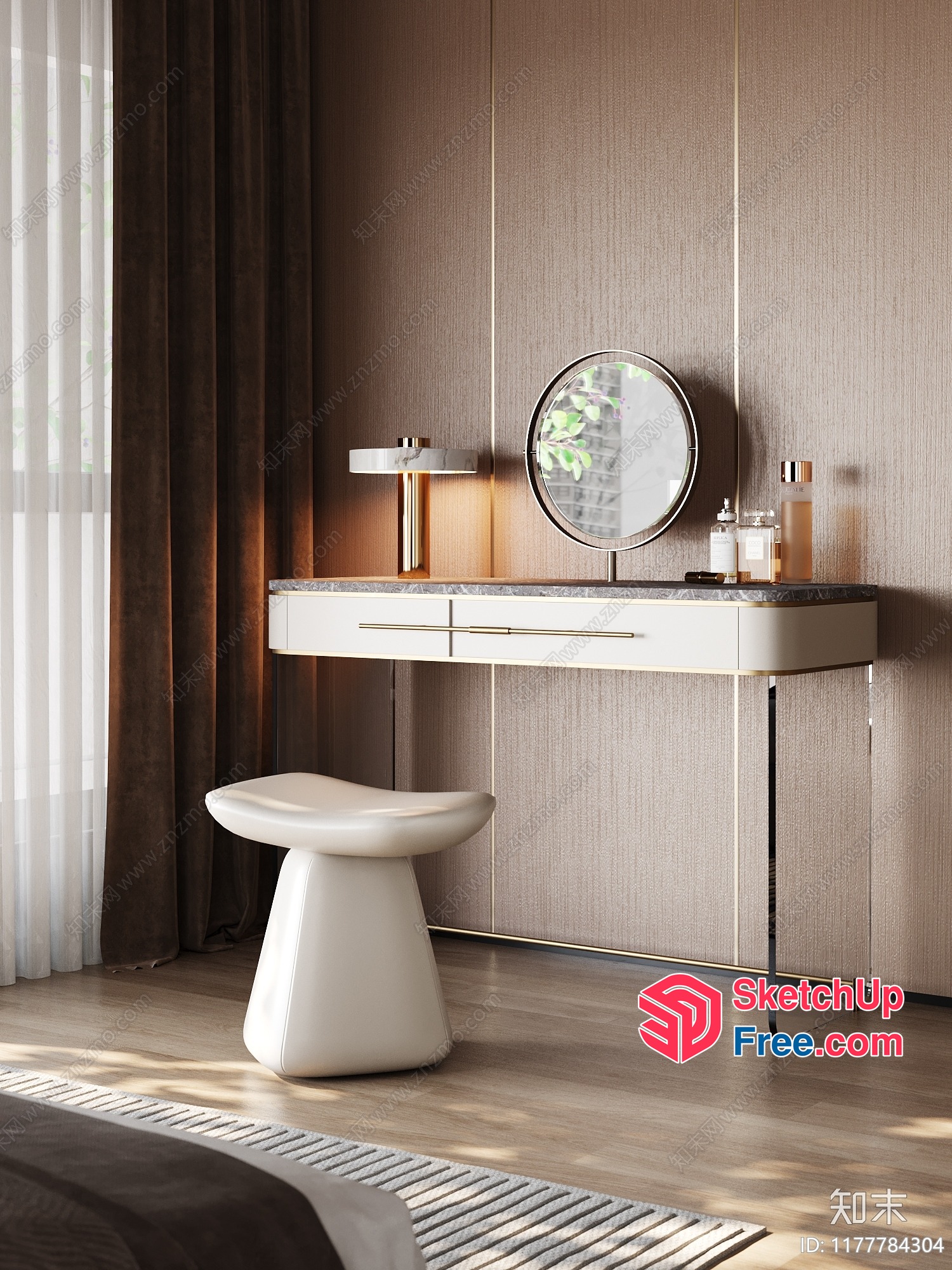 Modern Minimalist Bedroom Vanity Table With Marble Top And Stool 3D SketchUp File