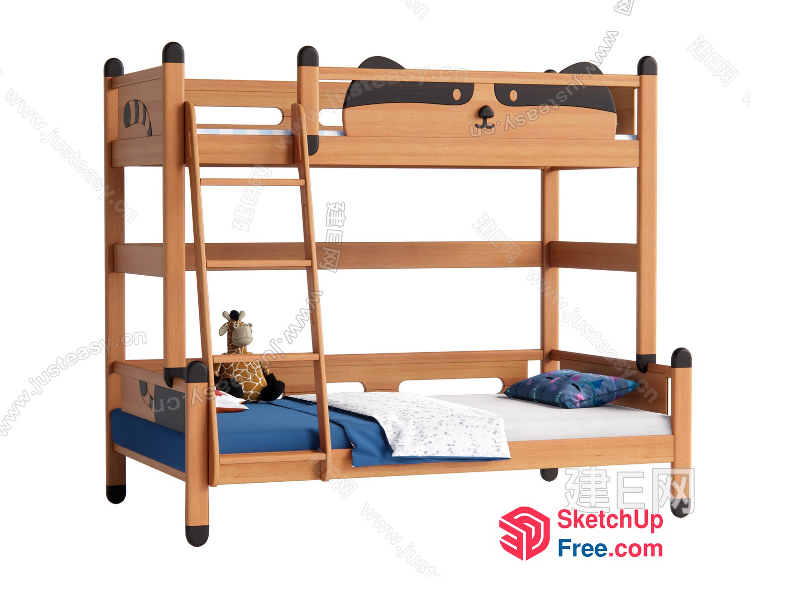 Wooden Bunk Bed With Stuffed Animal Decorations 3D SketchUp File