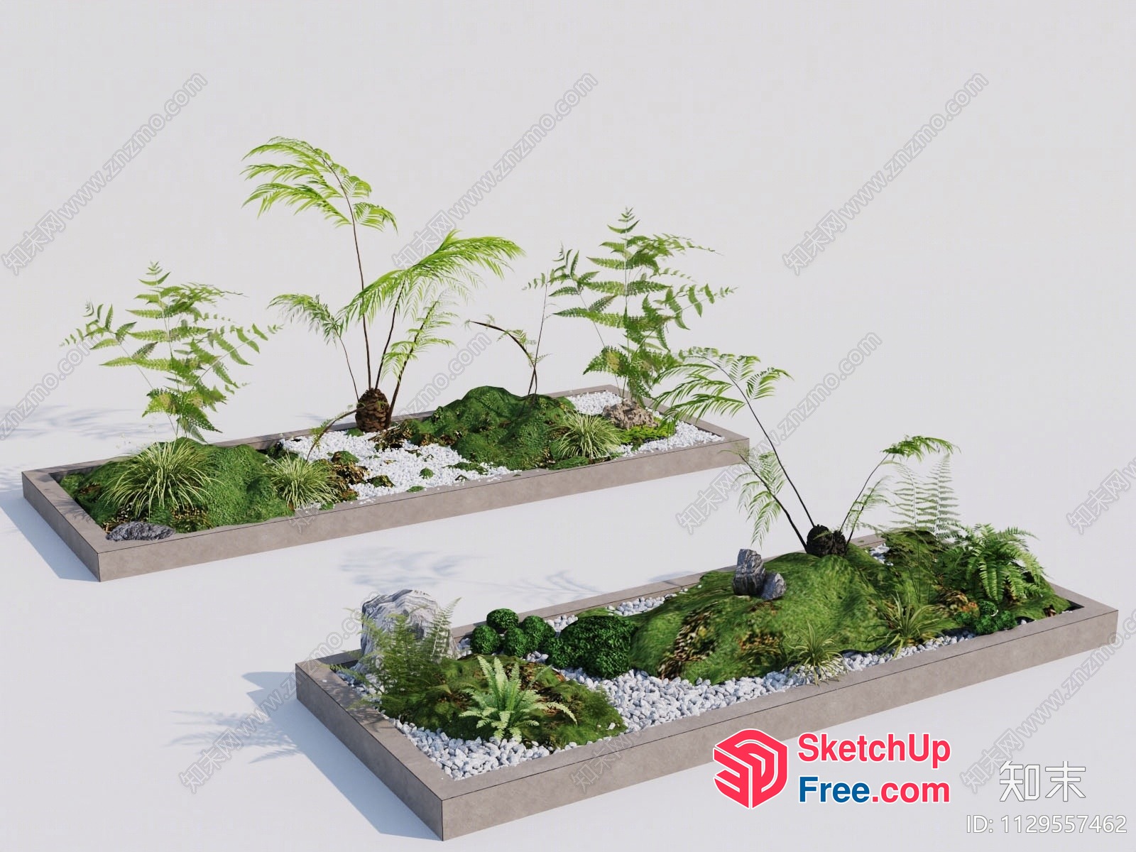 Two Japanese-Inspired Gardens In Long Rectangular Planters 3D SketchUp File