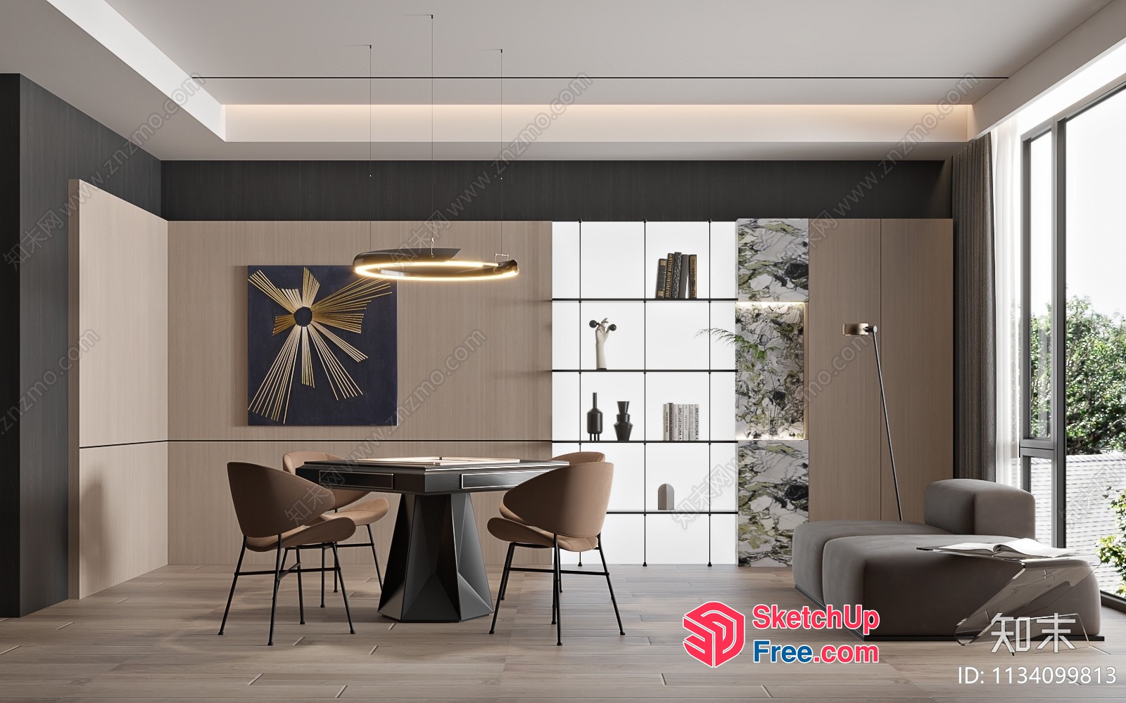 Modern Living Room With Dining Area And Bookshelf 3D SketchUp File