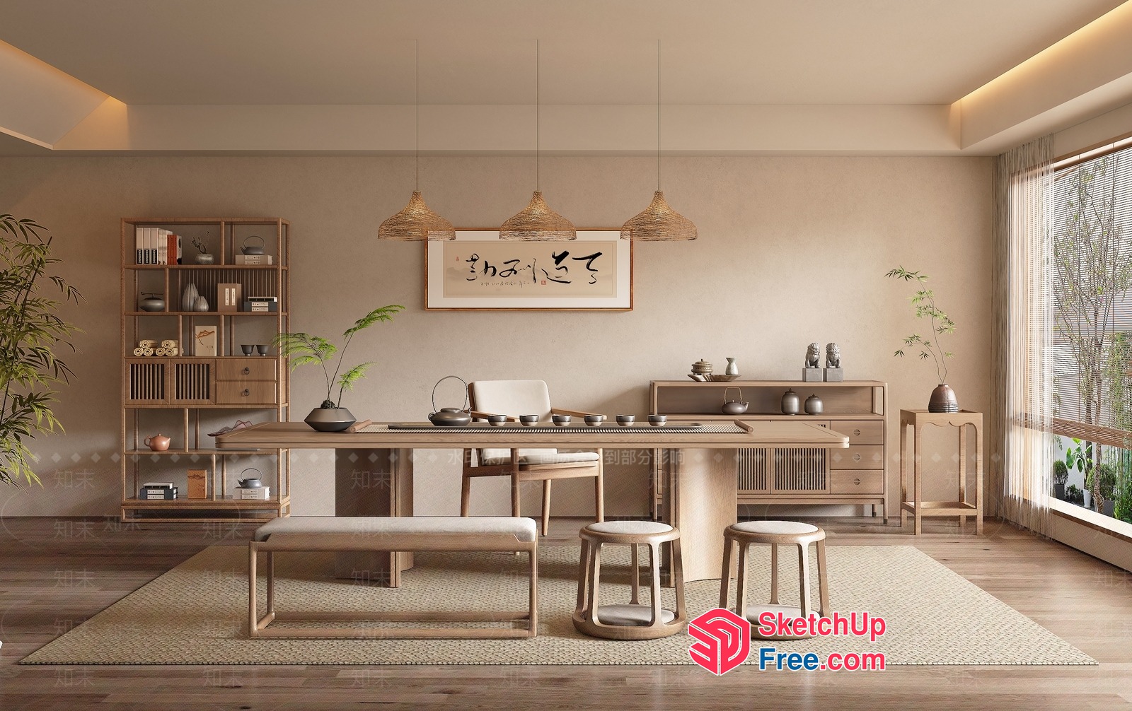 Minimalist Japanese Style Office Interior With Natural Wood And Plants 3D SketchUp File