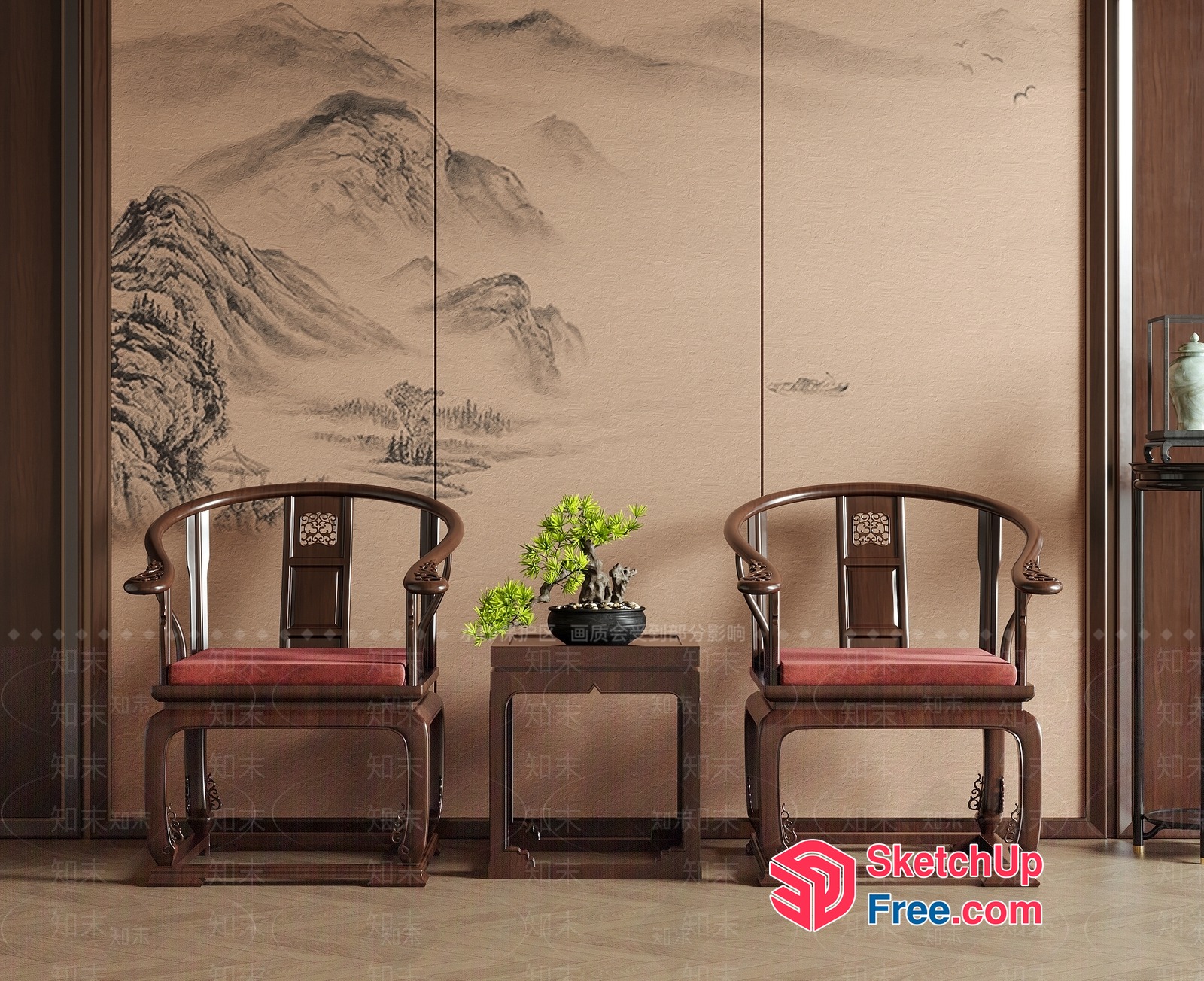 Traditional Chinese-Style Living Room With Mountain Landscape Painting 3D SketchUp File