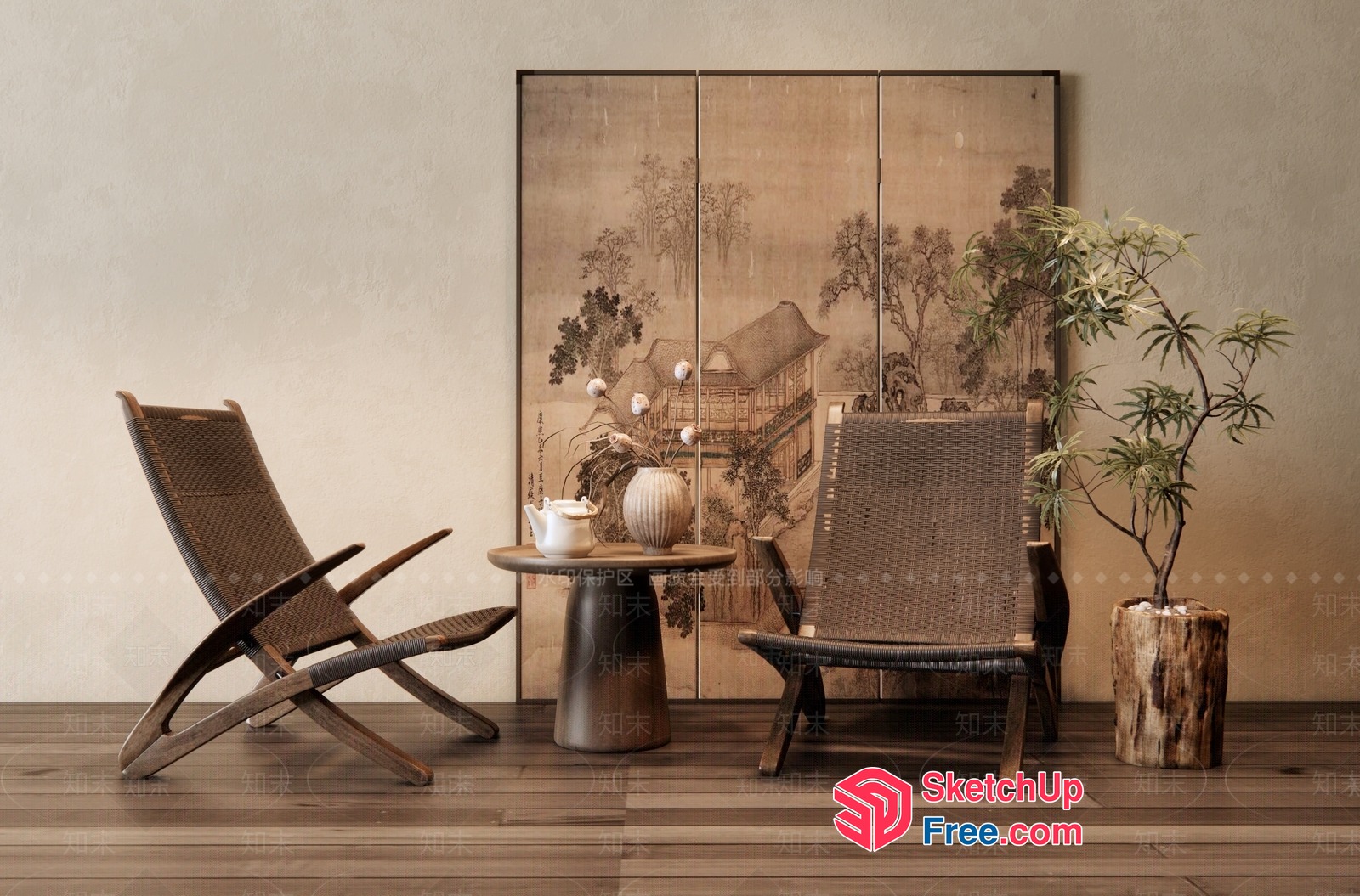 Minimalist Japanese Style Living Room With Elegant Wabi-Sabi Decor 3D SketchUp File
