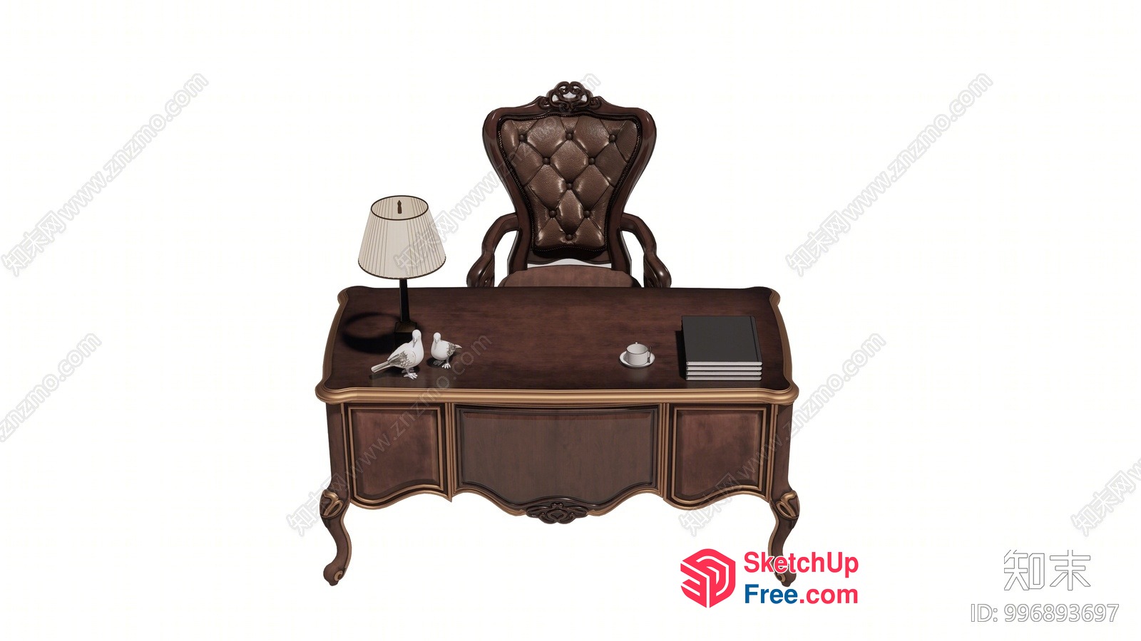 Classic Wooden Desk With Ornate Chair 3D SketchUp File