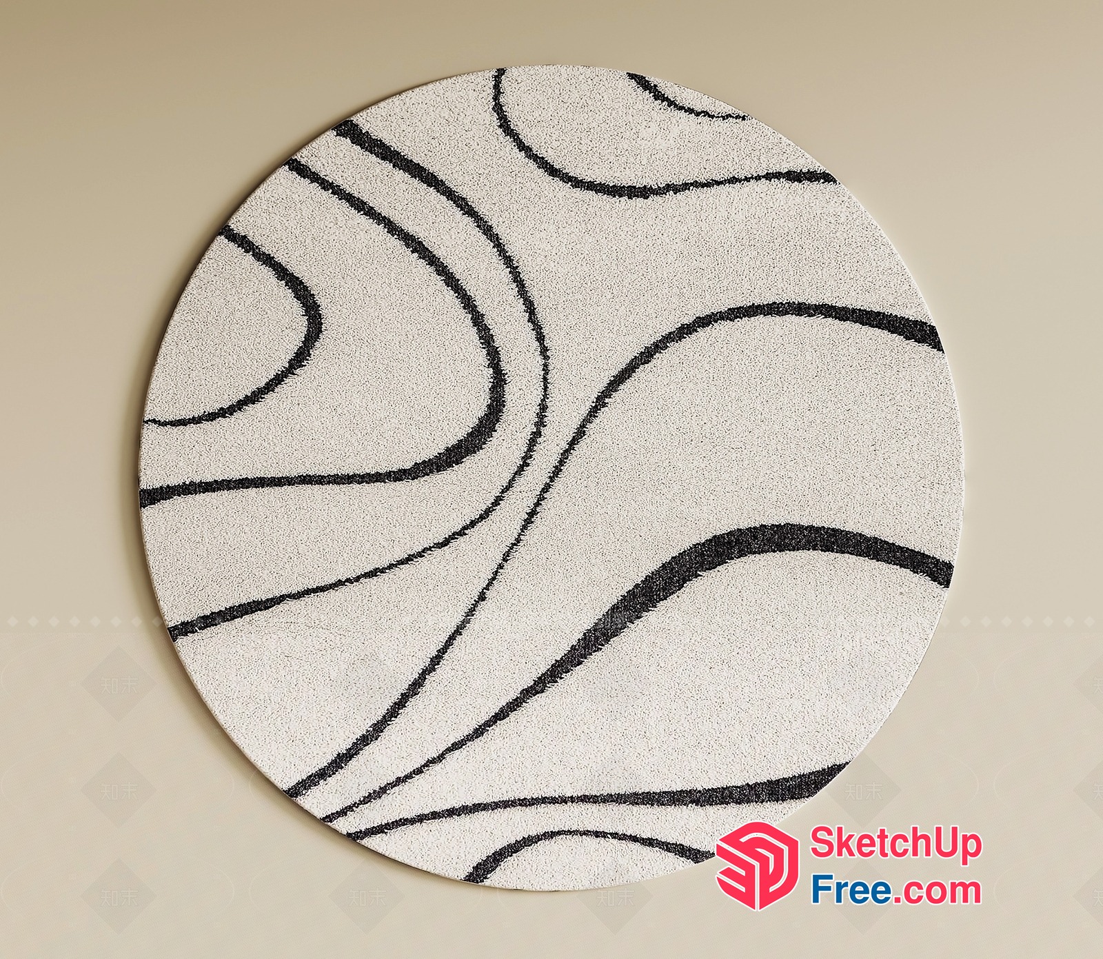 Elegant Black And White Curved Lines On A Round Rug 3D SketchUp File