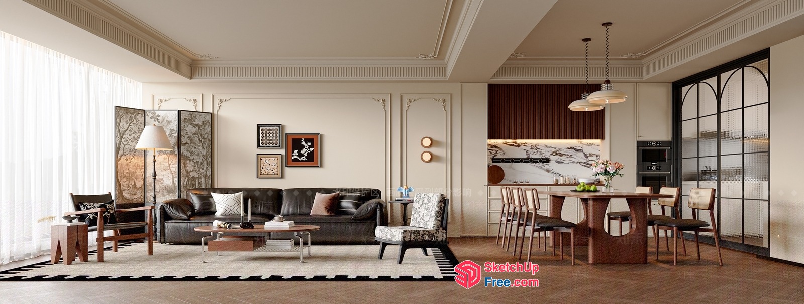 Elegant And Modern Living Room With Dining Area 3D SketchUp File