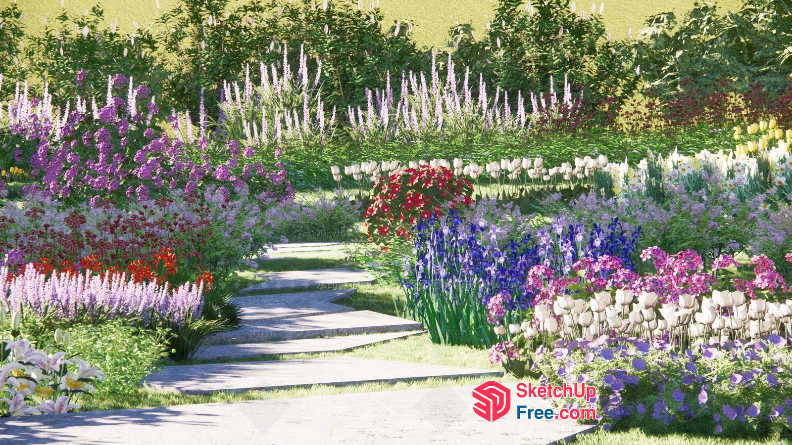 Serene Garden Pathway With Vibrant Flowers 3D SketchUp File