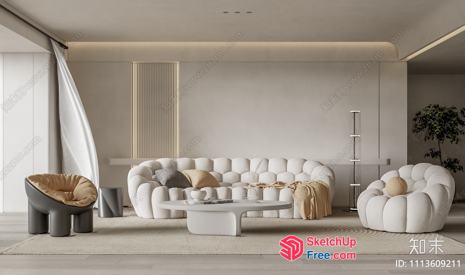 Modern Minimalist Living Room With Creamy Style Sofa 3D SketchUp File