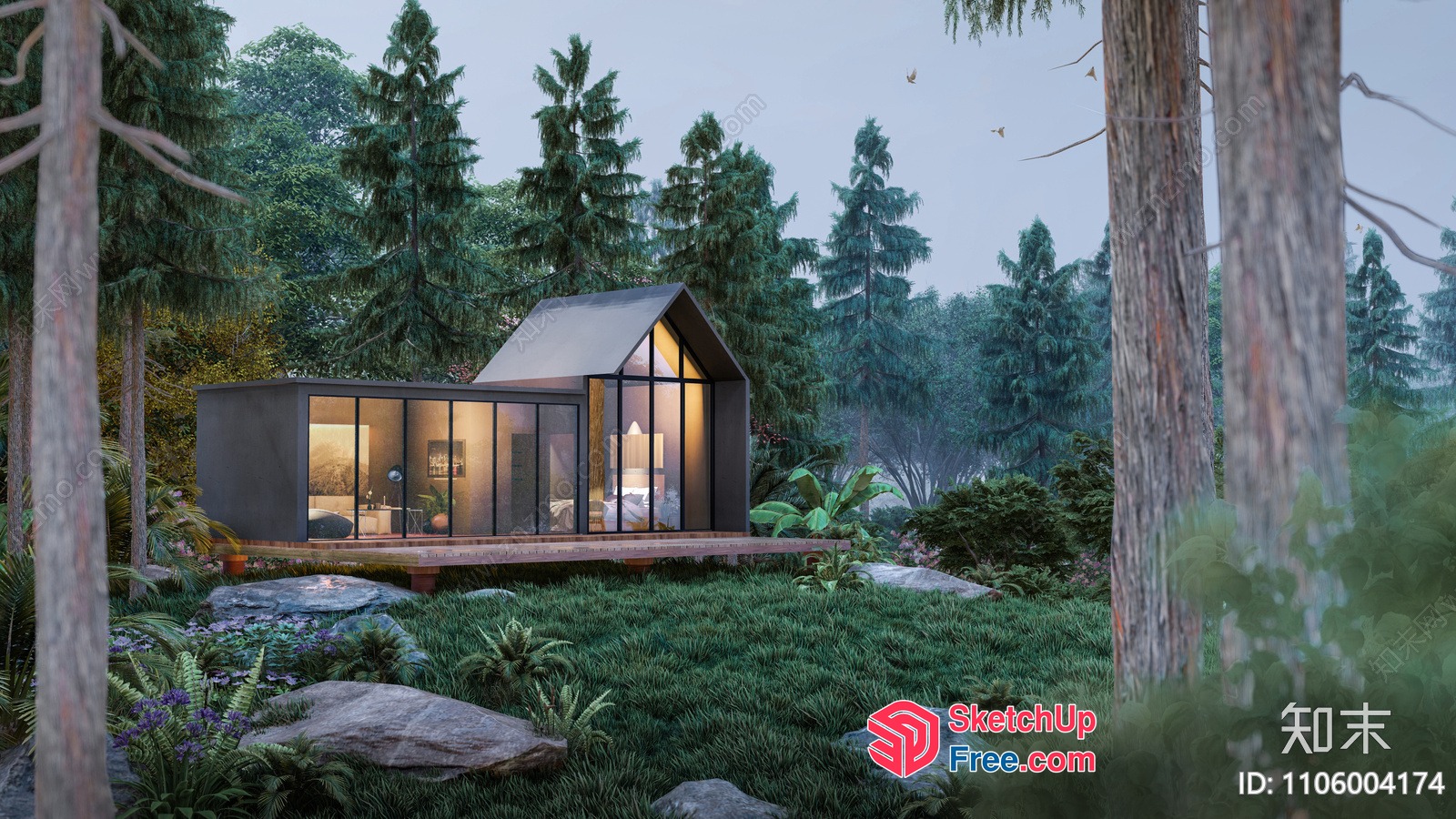 Modern Glass House In The Woods 3D SketchUp File