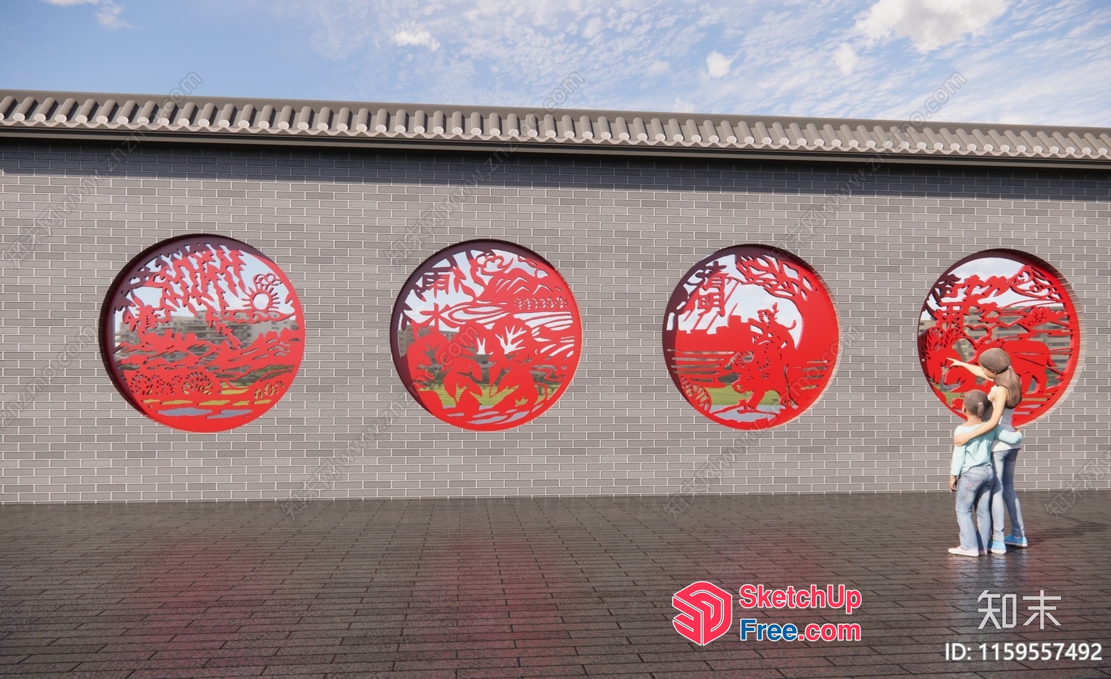 Traditional Chinese Artwork On Gray Brick Wall 3D SketchUp File