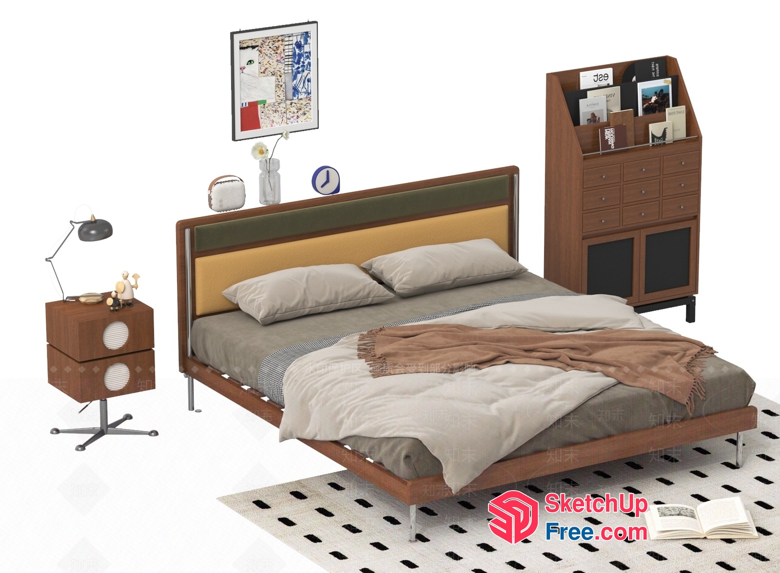 Modern Bedroom Furniture With Bed, Nightstand, And Bookcase 3D SketchUp File