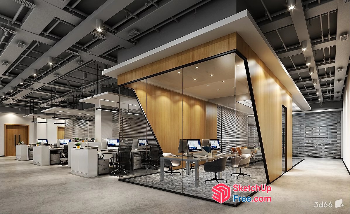 Modern Office Space With Glass Walls And Wooden Accents 3D SketchUp File