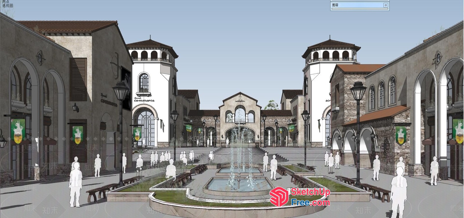 Classic Italian-Style Commercial Street With Fountain 3D SketchUp File