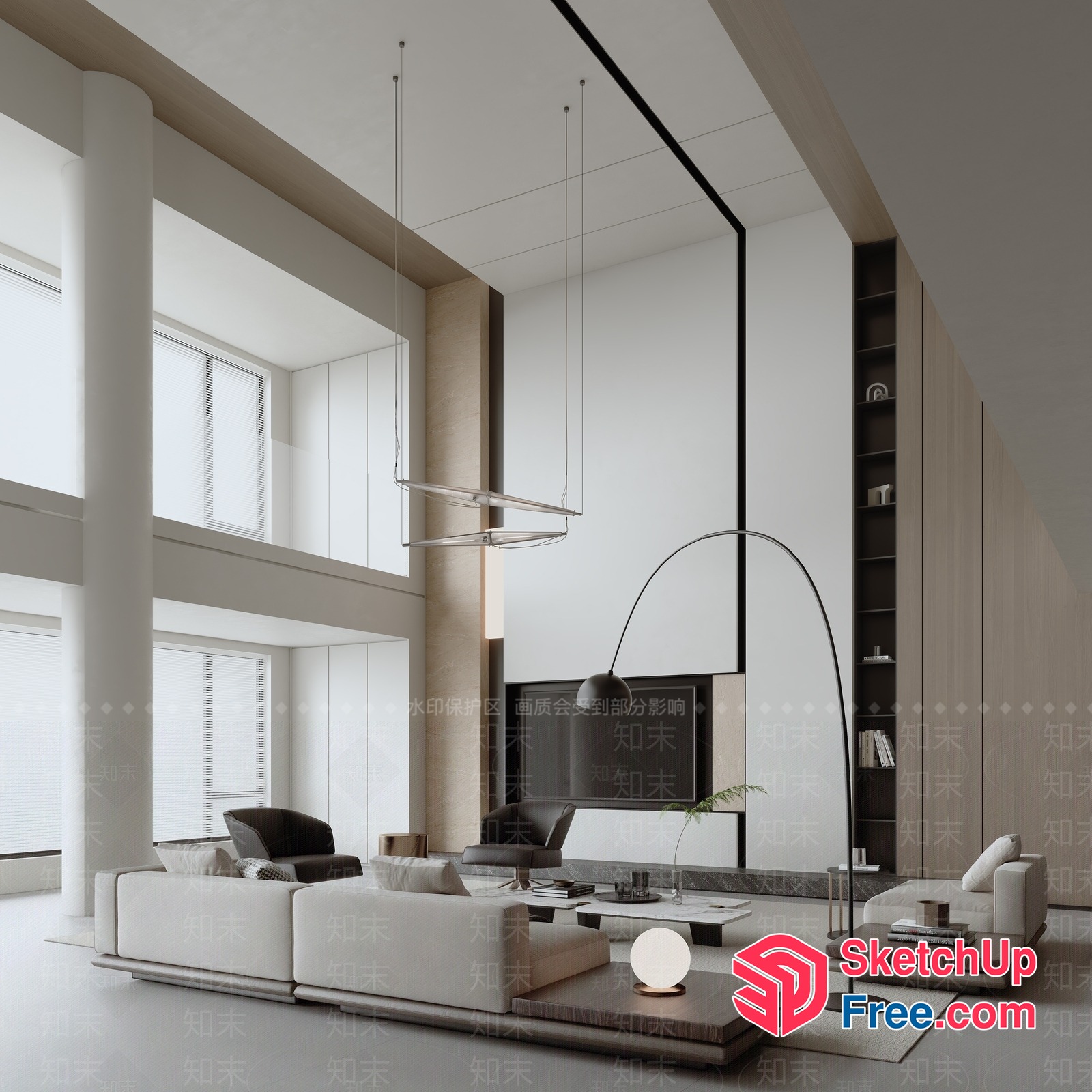 Modern Minimalist Living Room With High Ceiling And Pillars 3D SketchUp File