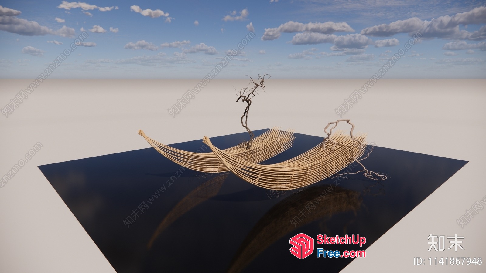Three Boat-Shaped Wooden Structures On A Black Platform In A Desert Landscape 3D SketchUp File
