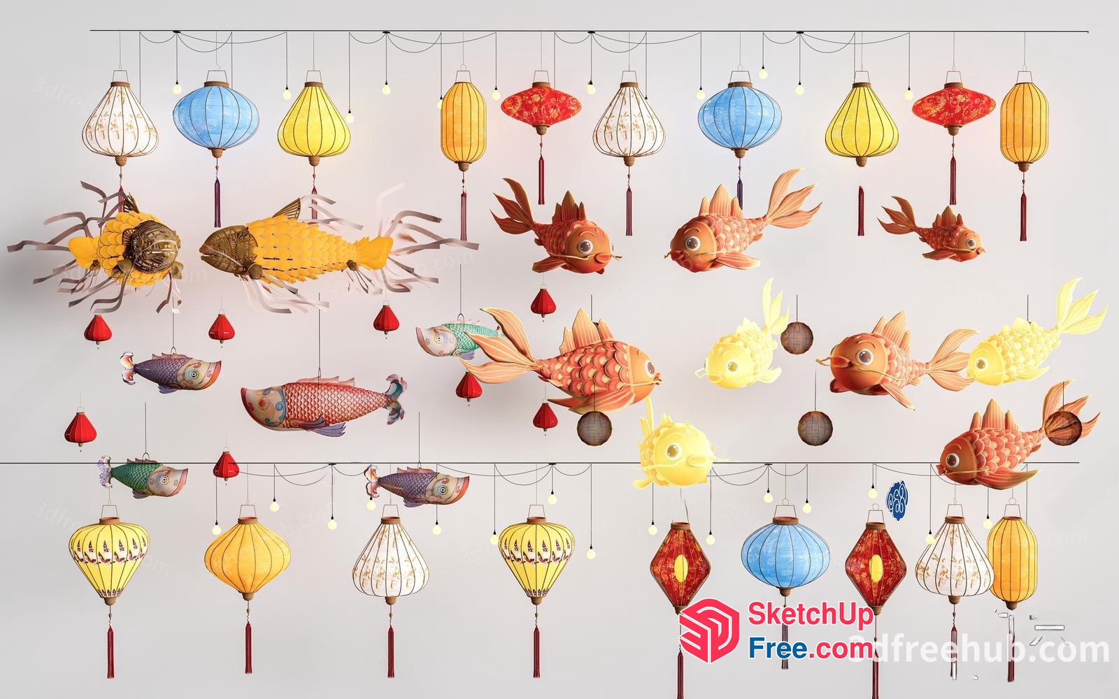 Colorful Fish And Lanterns Hanging Decor 3D SketchUp File