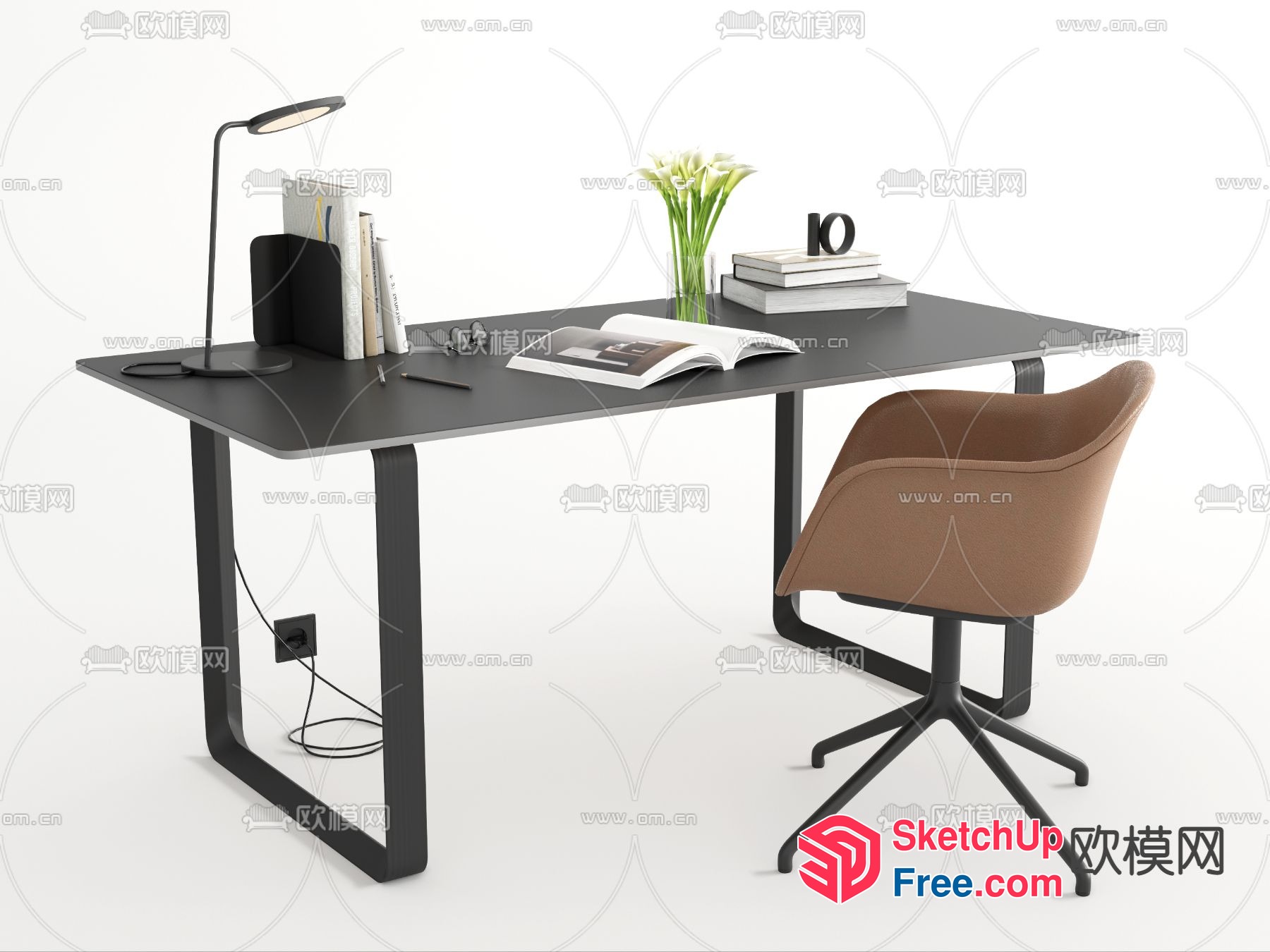Modern Minimalist Desk With Bookshelf And Lamp 3D SketchUp File