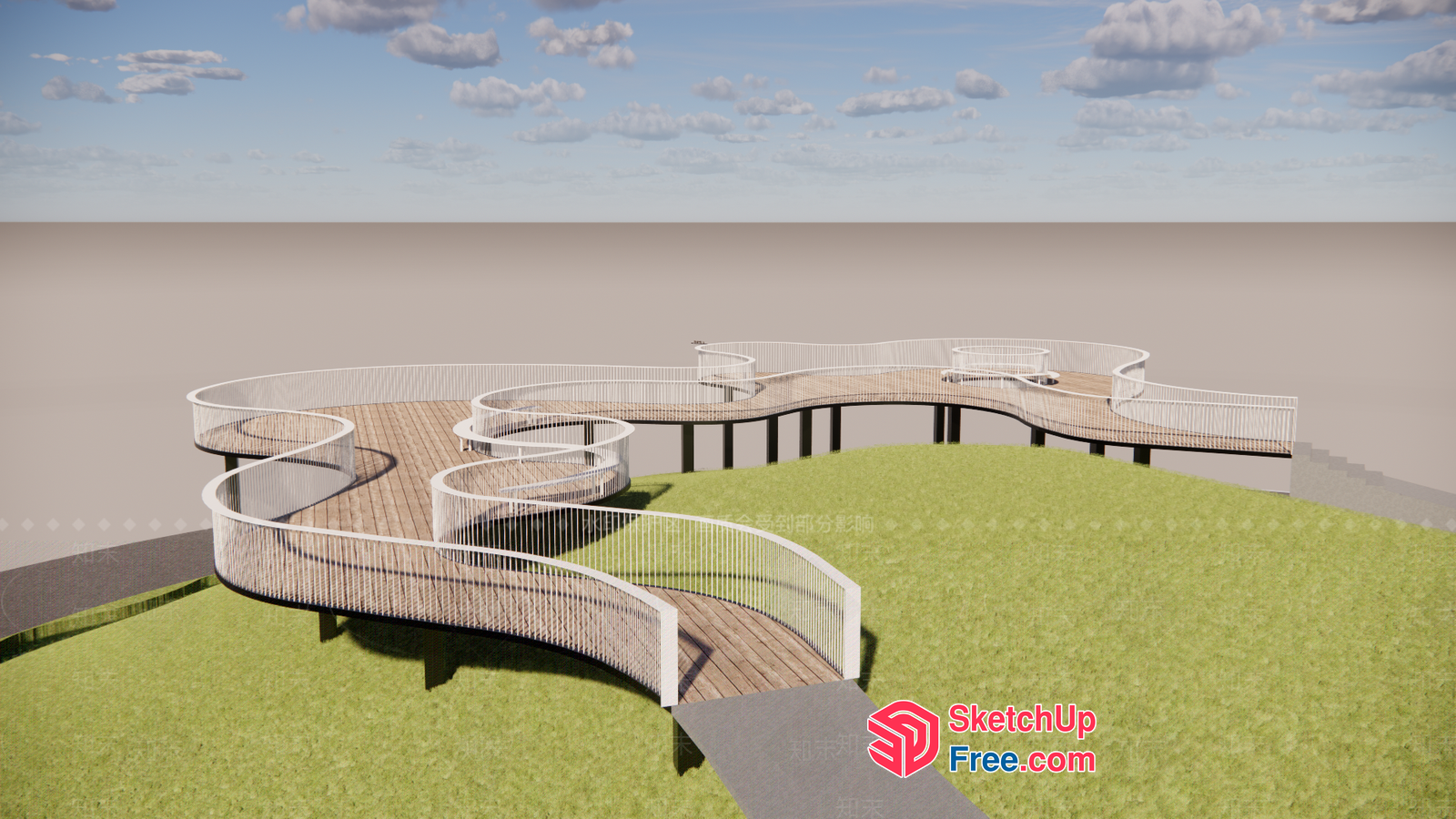Curved Railing And Deck With Stairs 3D SketchUp File