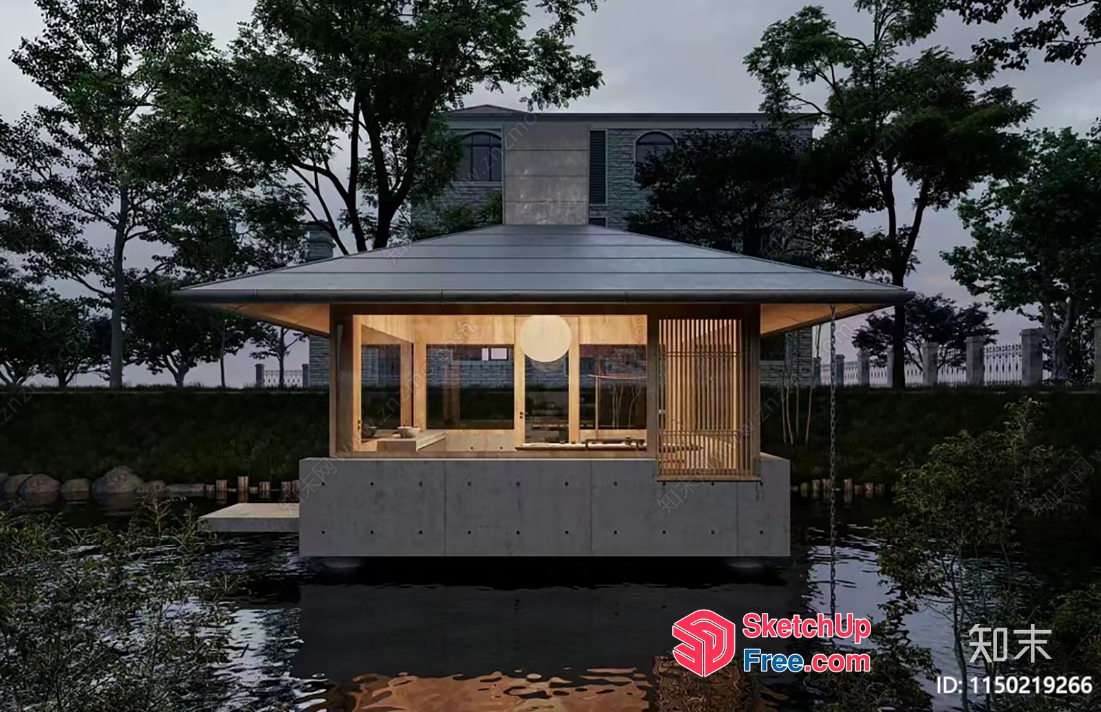 Modern Japanese-Inspired Home Exterior With Floating Roof 3D SketchUp File