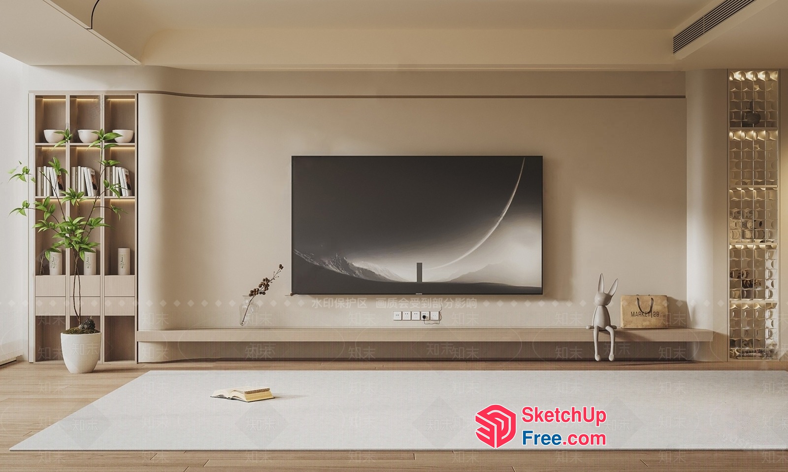 Minimalist Living Room With Large Tv And Decorative Shelf 3D SketchUp File