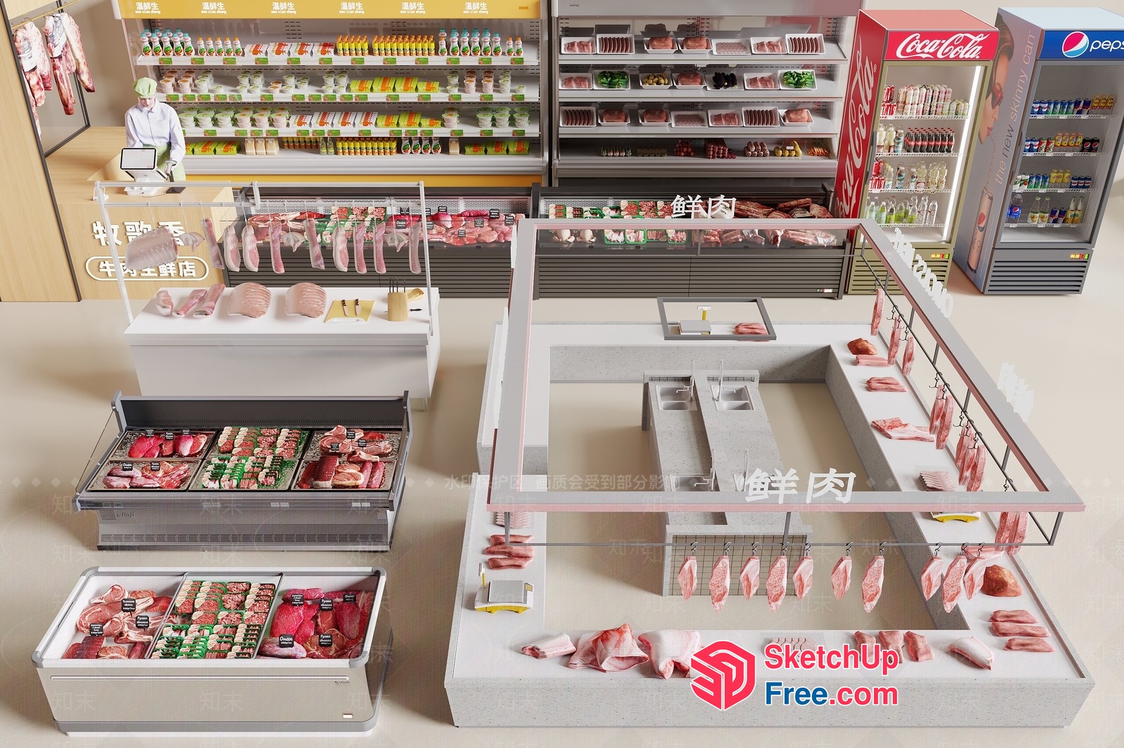 Supermarket Interior With Meat Display And Beverage Options 3D SketchUp File