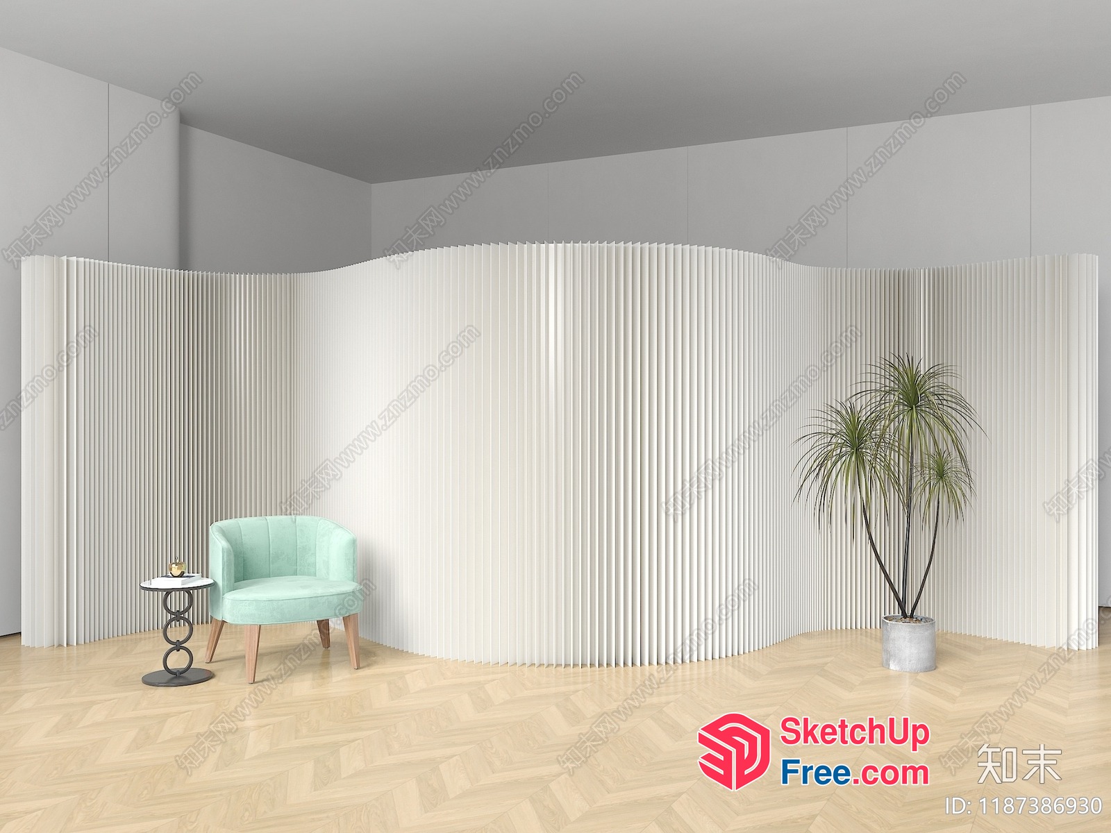 Elegant White Partition Screen With Stylish Chair And Plant 3D SketchUp File
