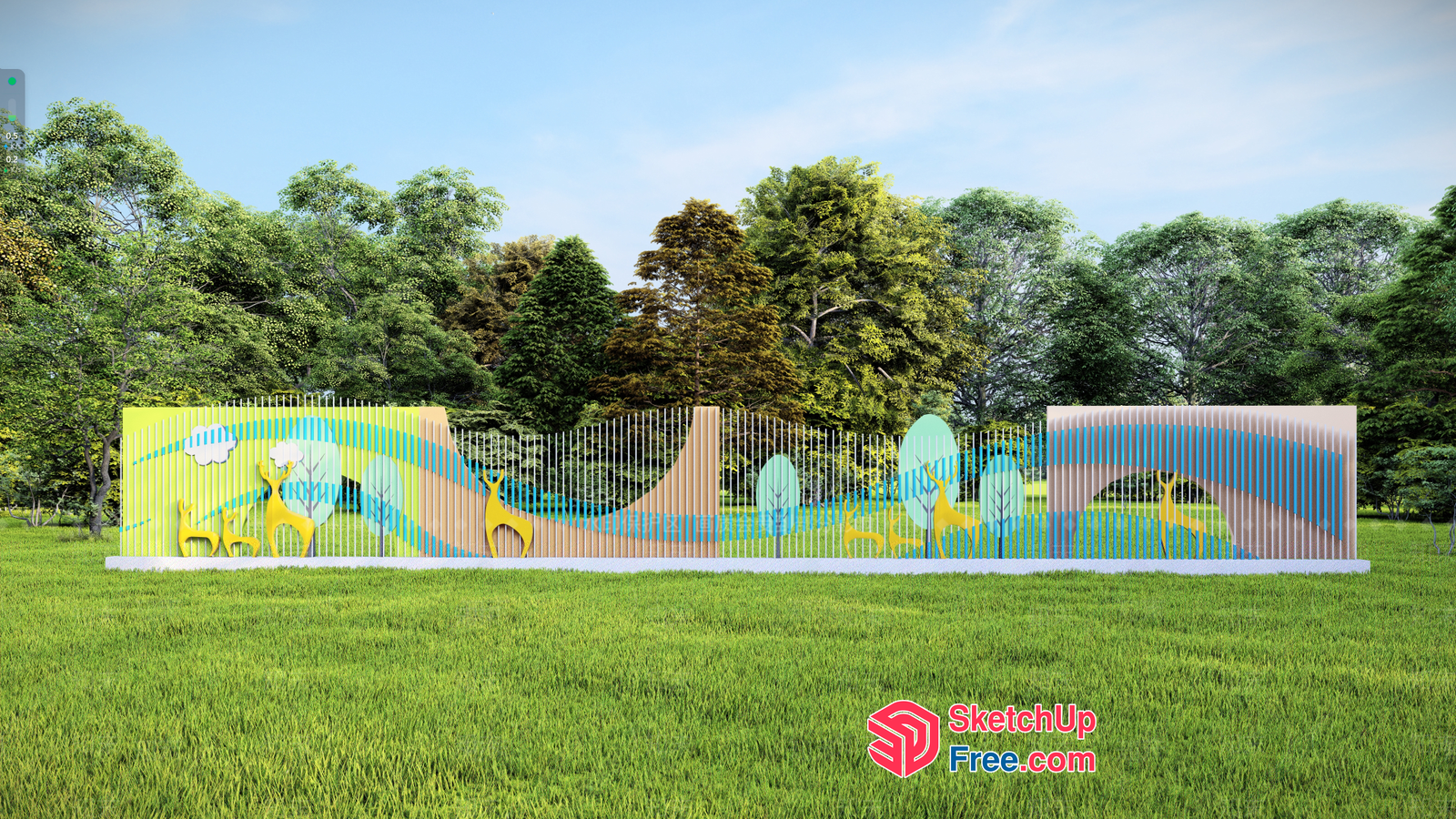 Vibrant Colorful Outdoor Fence With Deer And Tree Silhouettes 3D SketchUp File