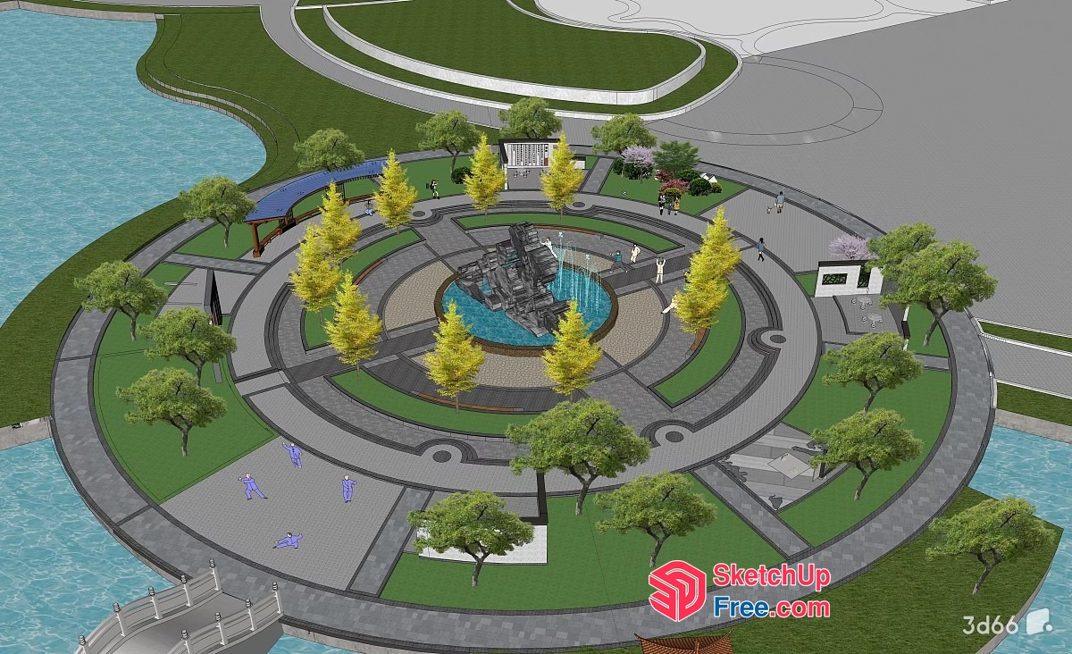 Circular Park With Fountain And Water Features 3D SketchUp File