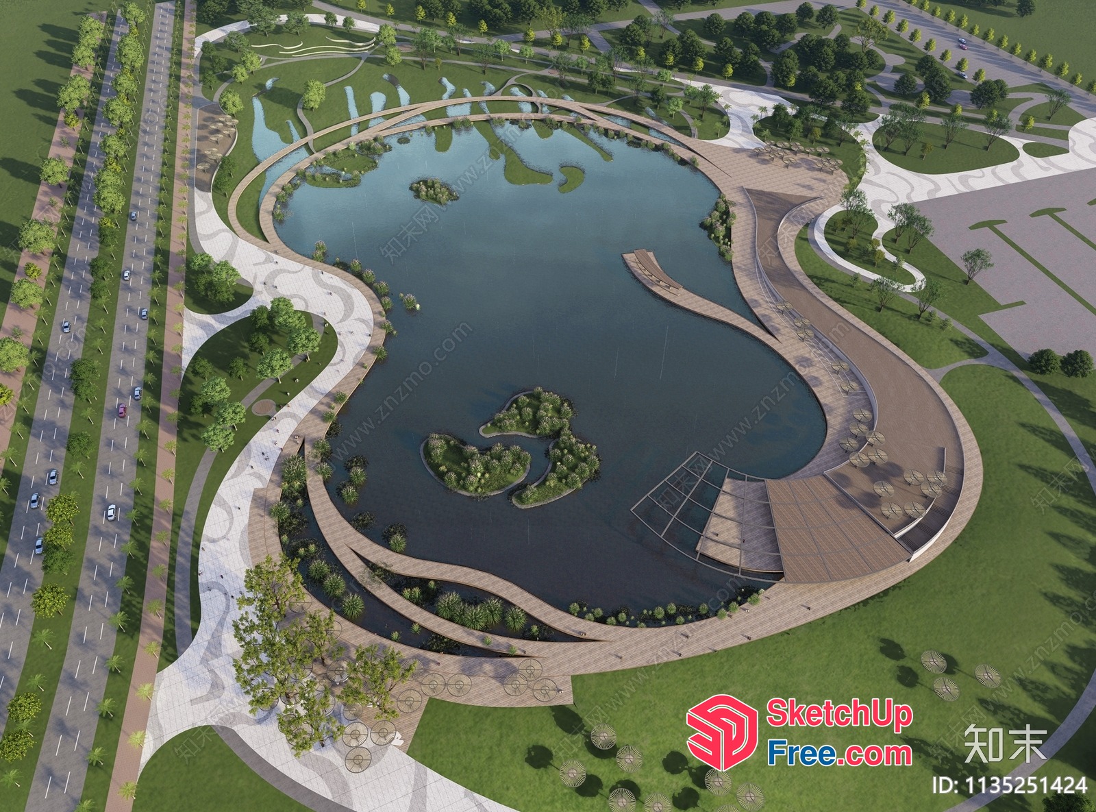 Serene Lakefront Park With Curved Pathways And Wooden Decks 3D SketchUp File