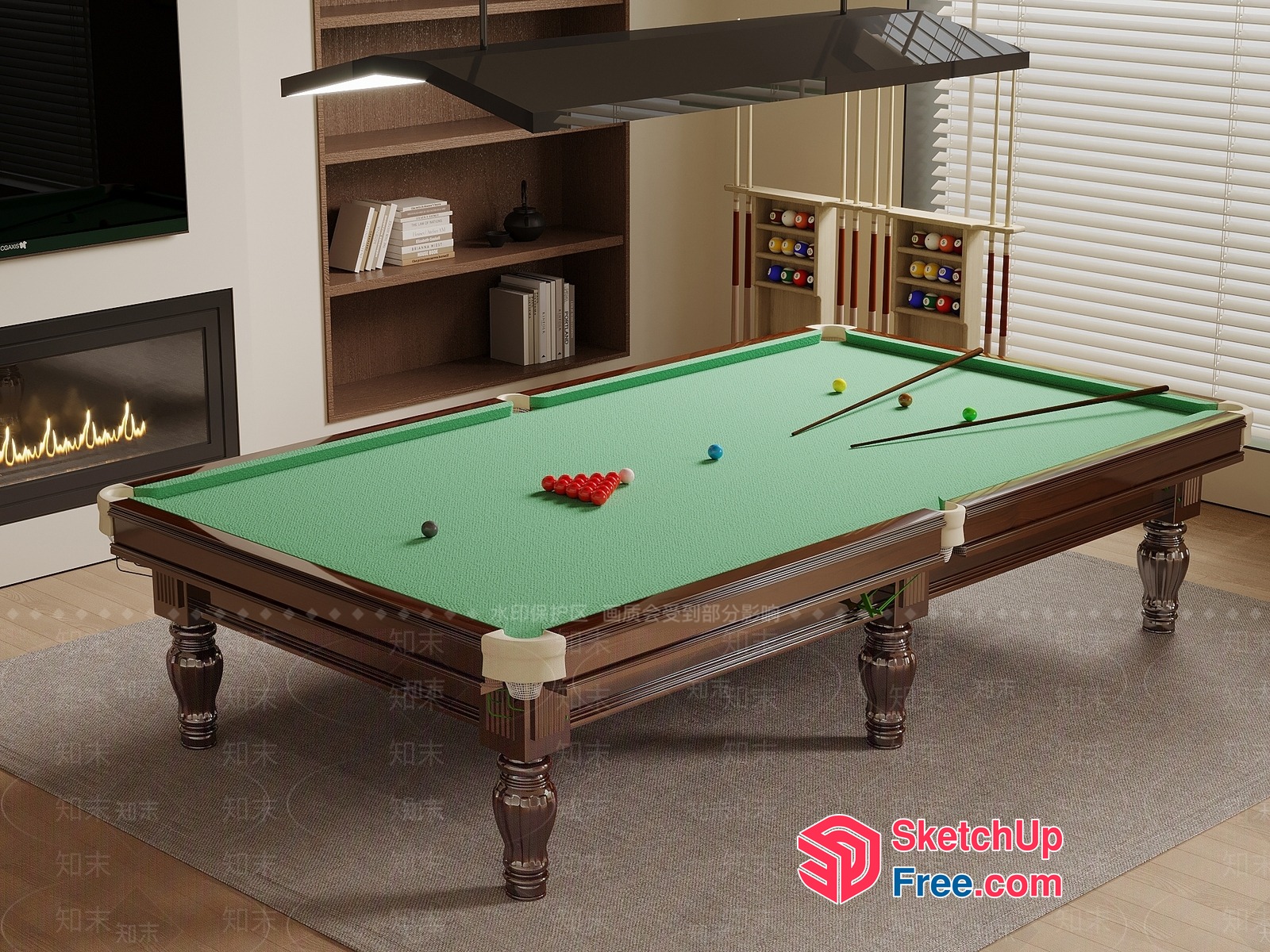 Cozy Billiard Room Interior With Fireplace And Bookshelf 3D SketchUp File