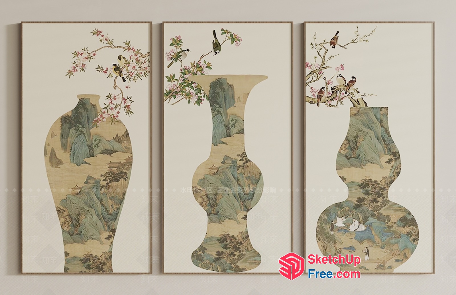 Oriental-Inspired Vase Decorations With Birds And Flowers 3D SketchUp File