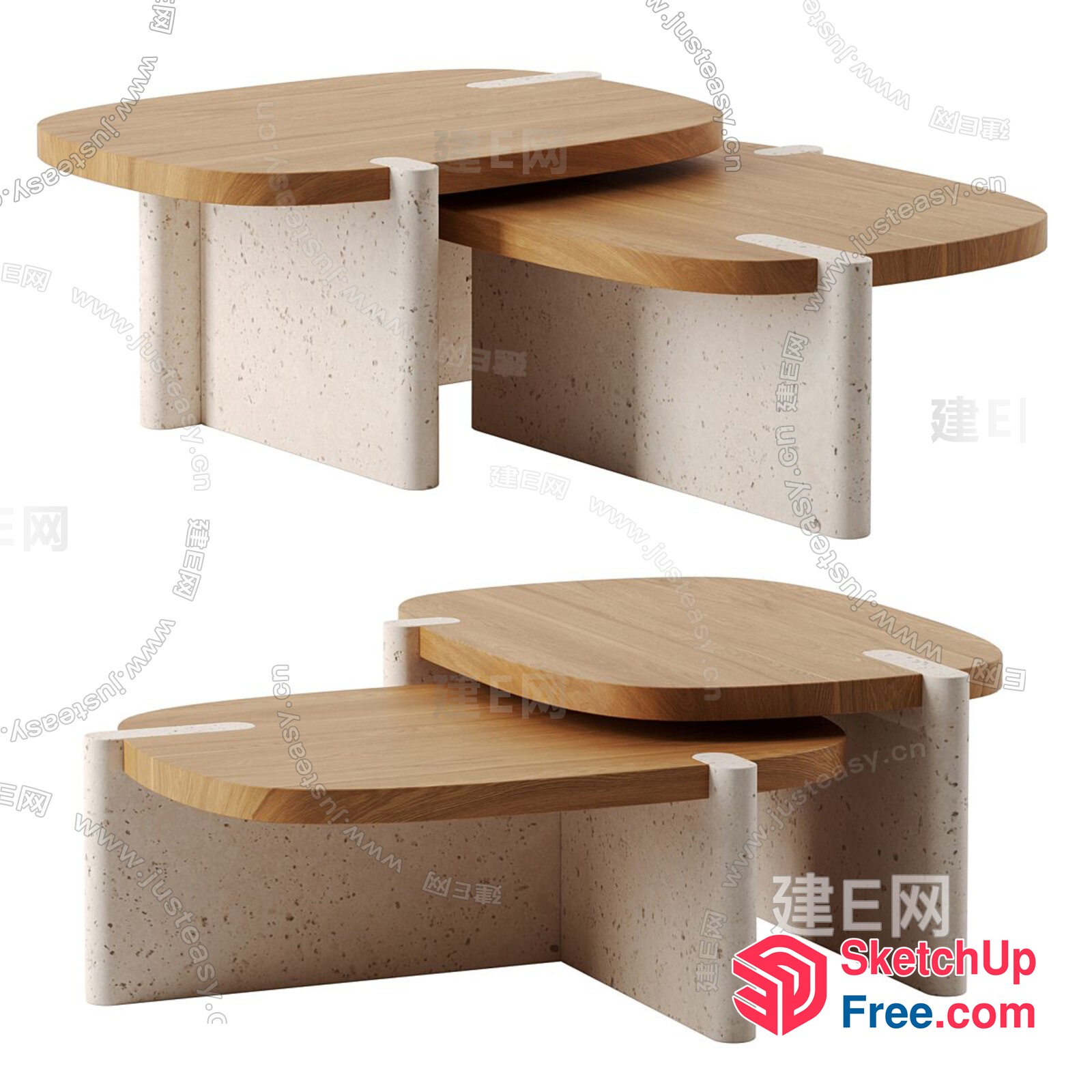 Curved Wooden And Stone Coffee Table Set 3D SketchUp File
