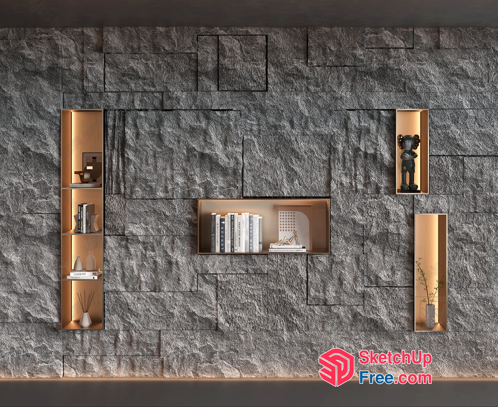 Modern Stone Wall Shelving Unit With Built-In Lighting 3D SketchUp File