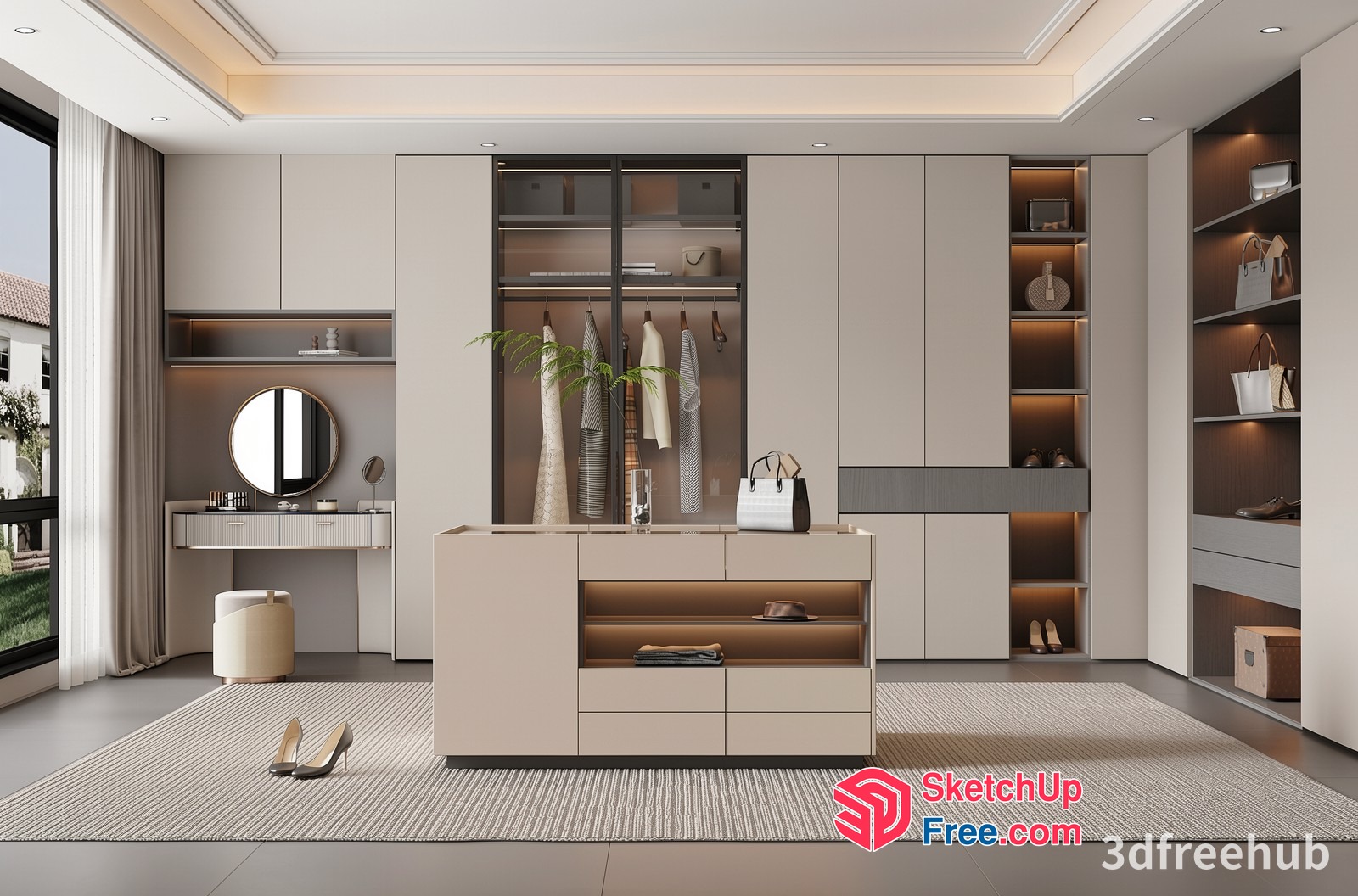 Modern Luxury Walk-In Closet With Sleek Furniture And Decor 3D SketchUp File