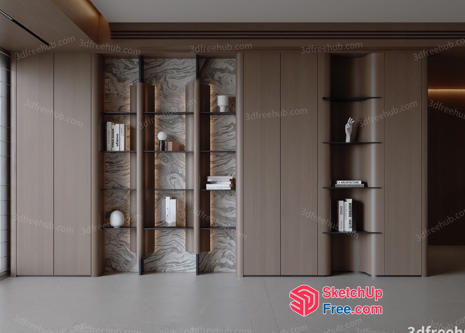 Modern Bookshelf Design With Marble And Wood Accents 3D SketchUp File