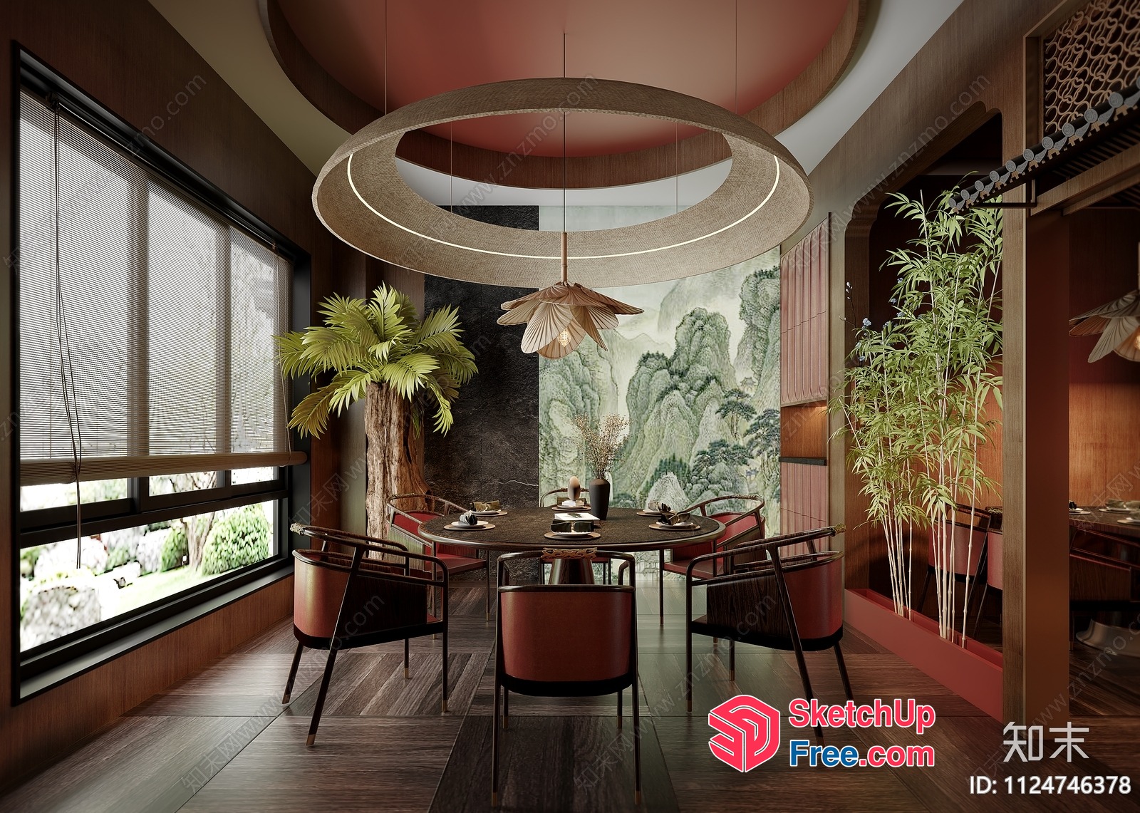 Elegant Japanese Dining Room With Modern Chandelier And Natural Elements 3D SketchUp File