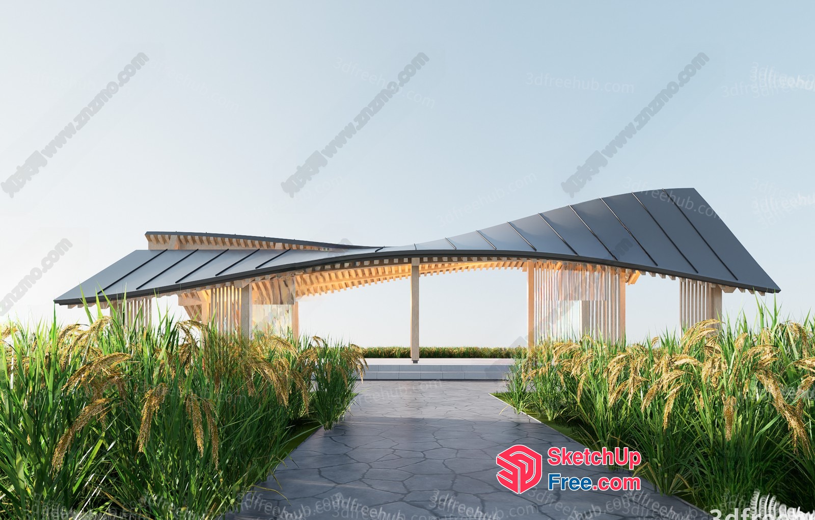 Open-Air Pavilion With Curved Roof And Pergola 3D SketchUp File