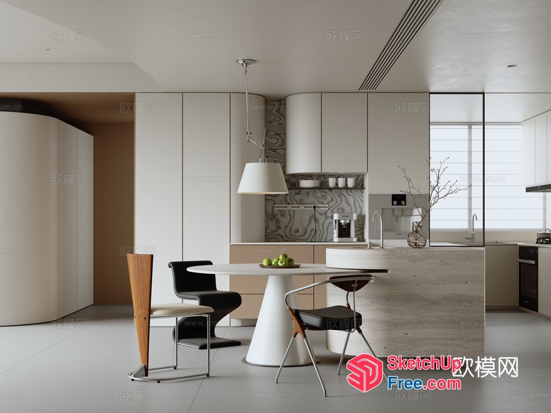 Modern Minimalist Kitchen Dining Area With White And Grey Tones 3D SketchUp File