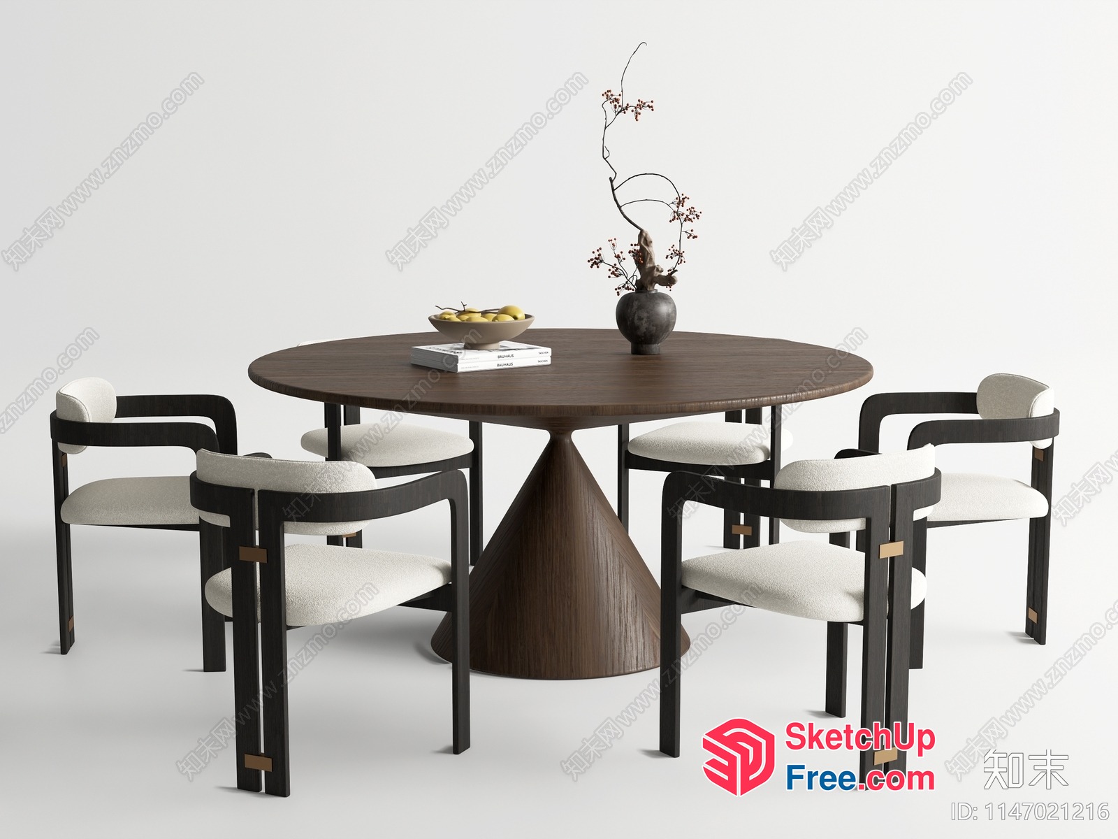 Elegant Dining Table Set With White Chairs And Dark Wood 3D SketchUp File