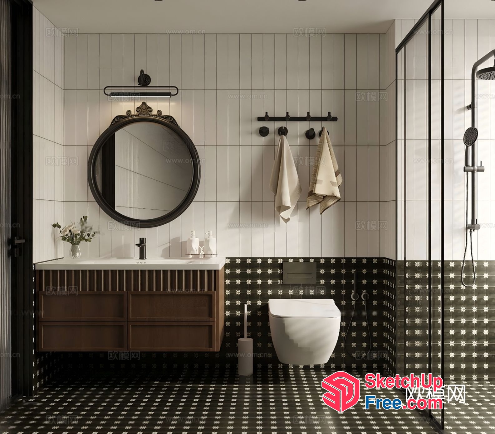 Modern Bathroom With White And Black Tiled Walls And Floor 3D SketchUp File